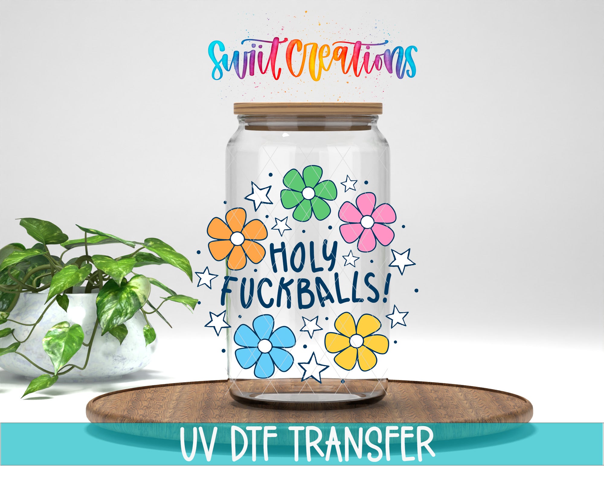 A glass jar with a lid, decorated with colorful flowers and stars, and the text "HOLY FUCKBALLS!" printed on it. The jar is placed on a wooden surface, and there is a potted plant in the background.