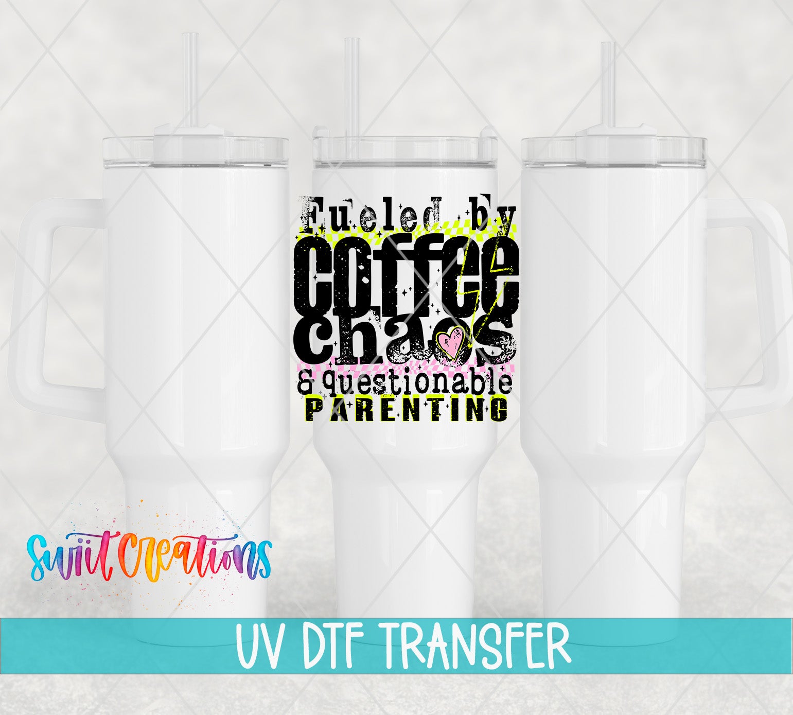 three white tumblers with a printed design on them, including text and graphics.