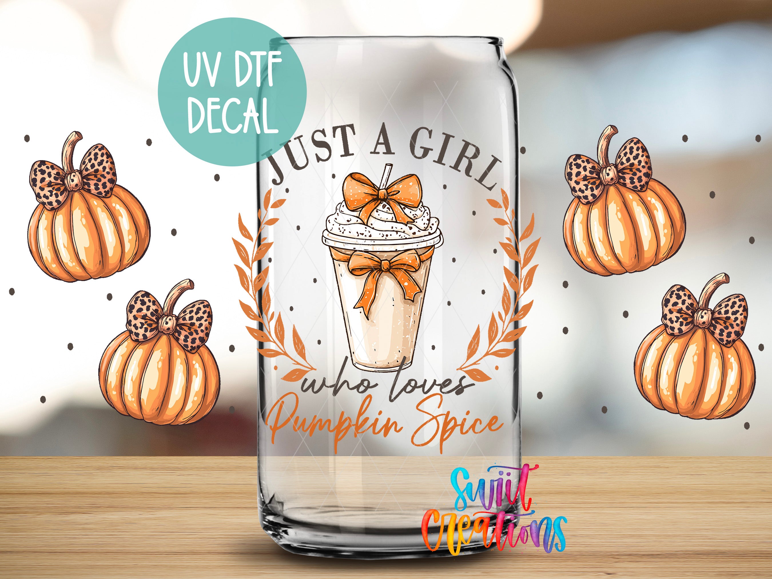 A glass can with a pumpkin-themed decal and text, along with illustrations of pumpkins and leopard-print bows.