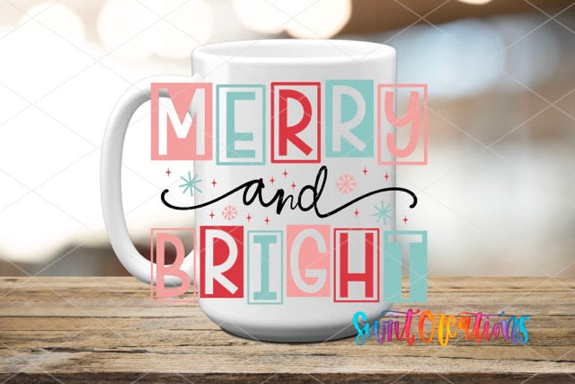 a coffee mug with merry and bright lettering on it