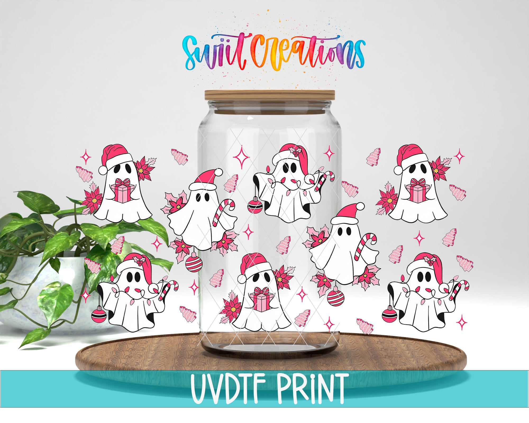 a glass jar filled with lots of stickers next to a potted plant