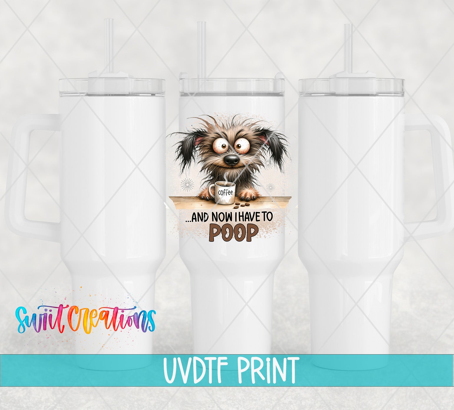 a set of three white tumblers with a picture of a dog on it