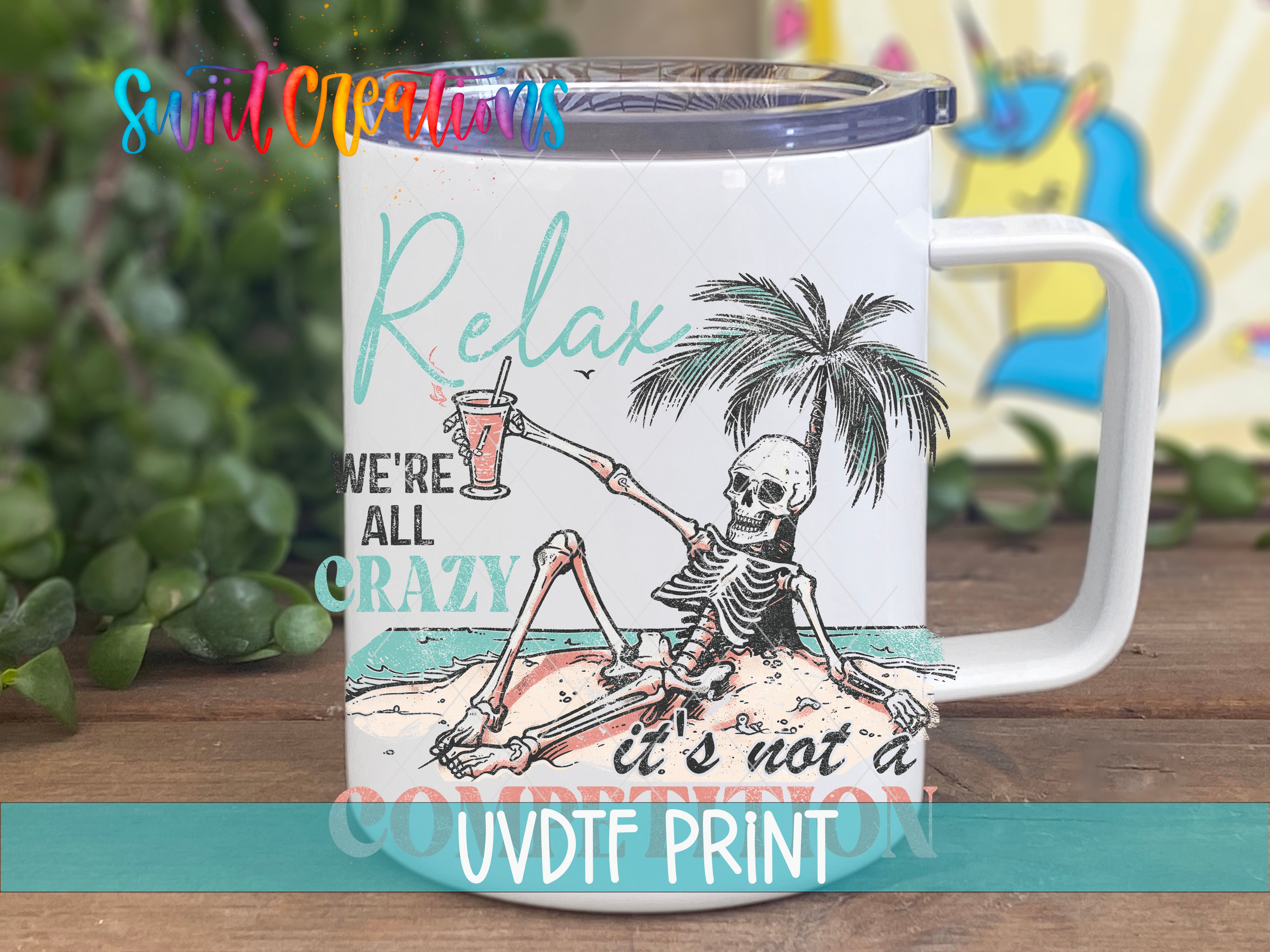 a white coffee mug with a skeleton on it