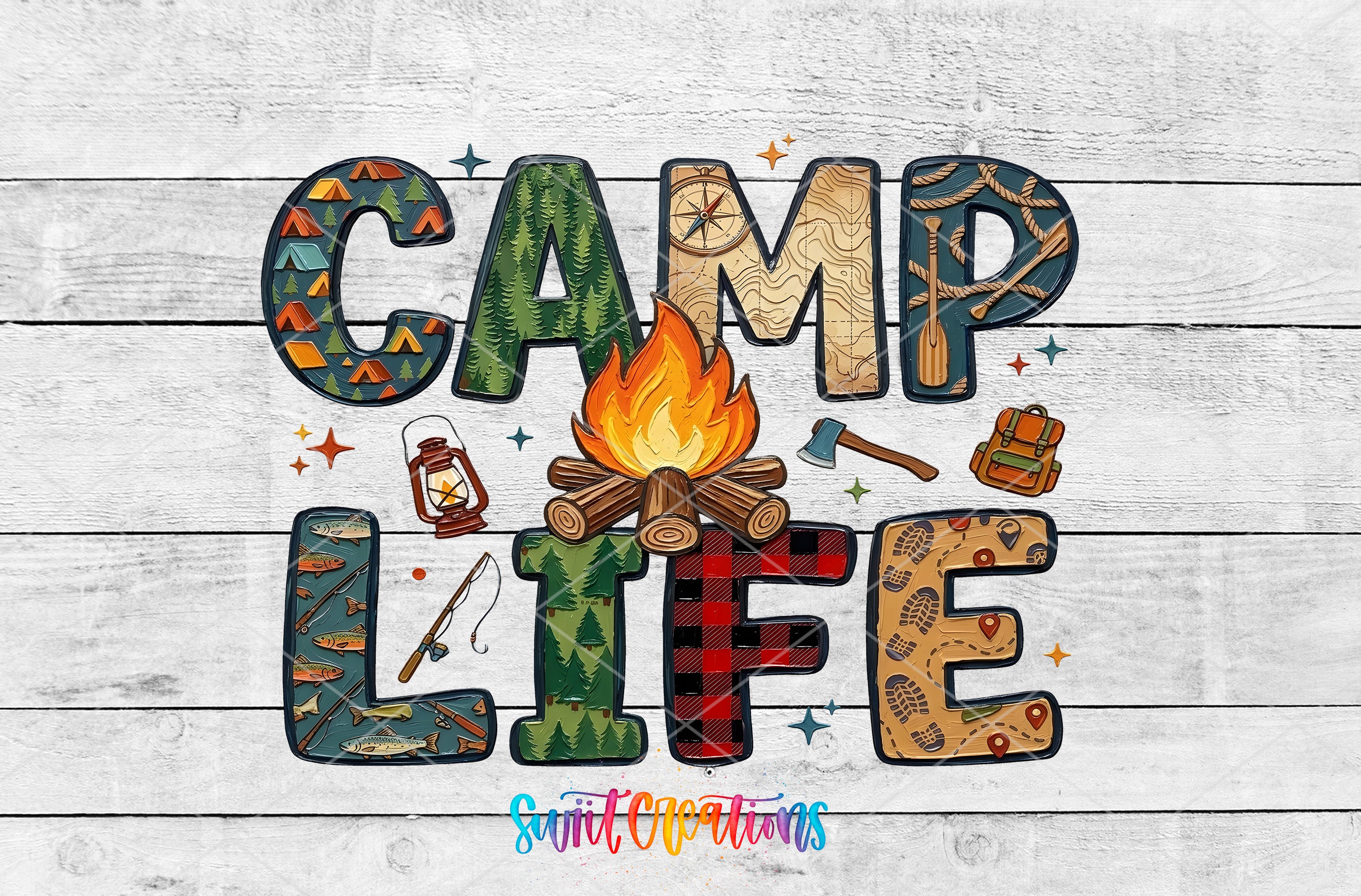 The image is a colorful and vibrant graphic design featuring the word "CAMP LIFE" in a playful and creative style, with various camping-related elements and accessories surrounding the text.
