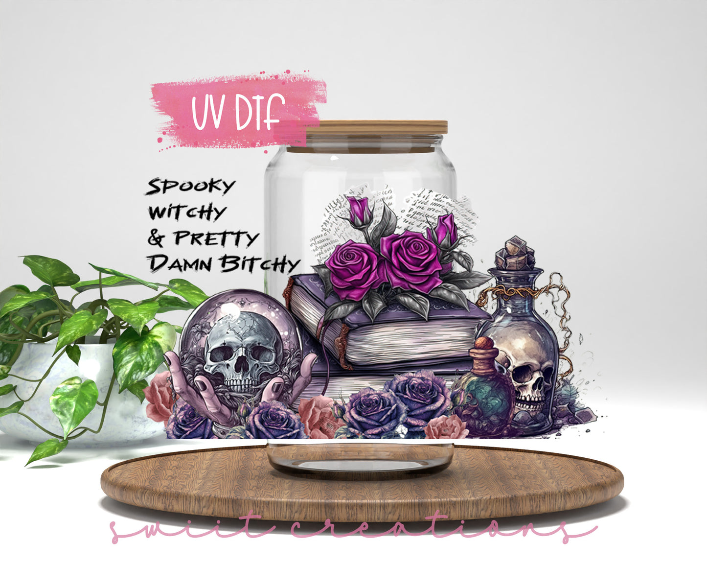 a glass jar with a skull and roses in it