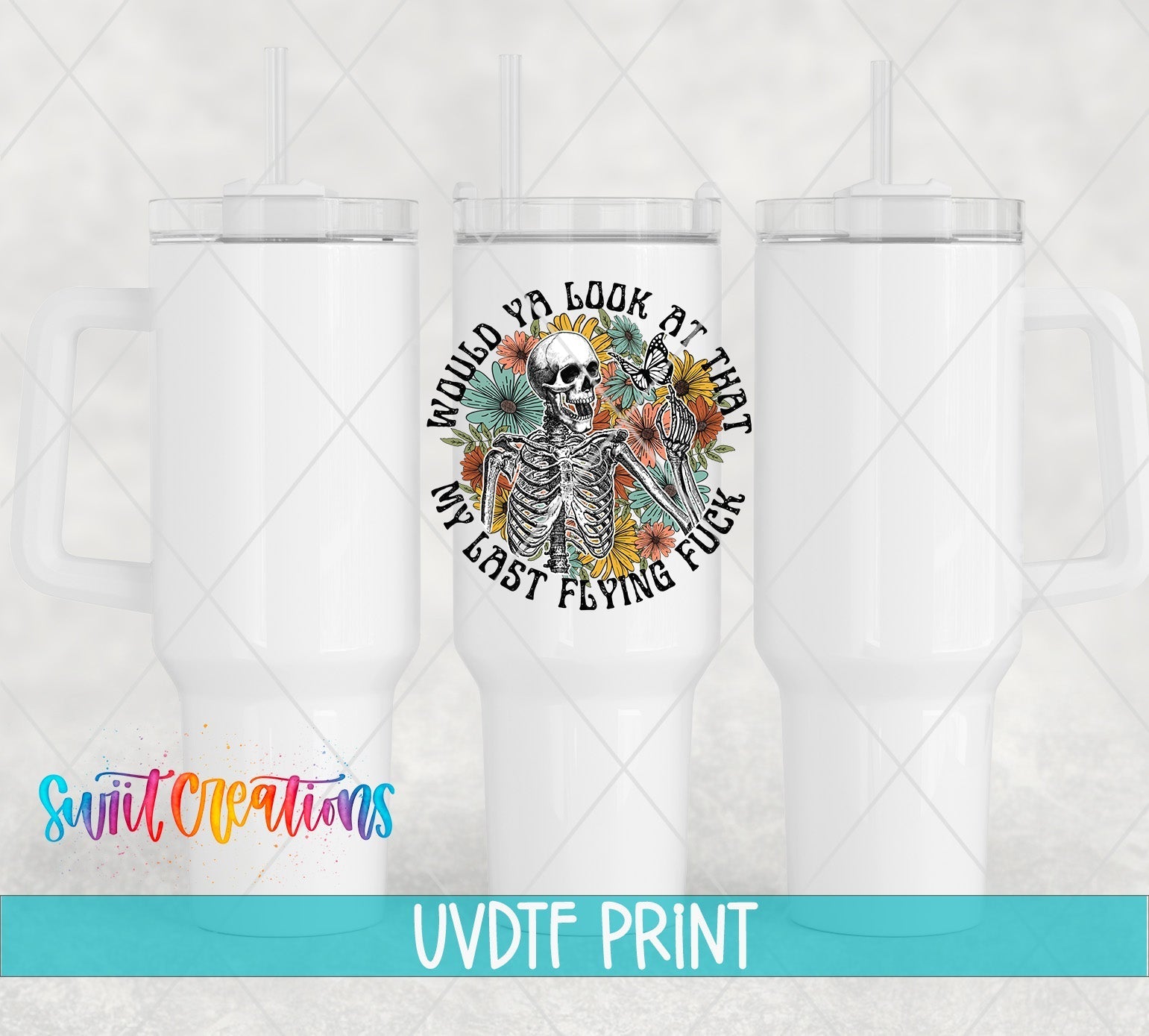 three white tumblers with a skeleton and flowers on them