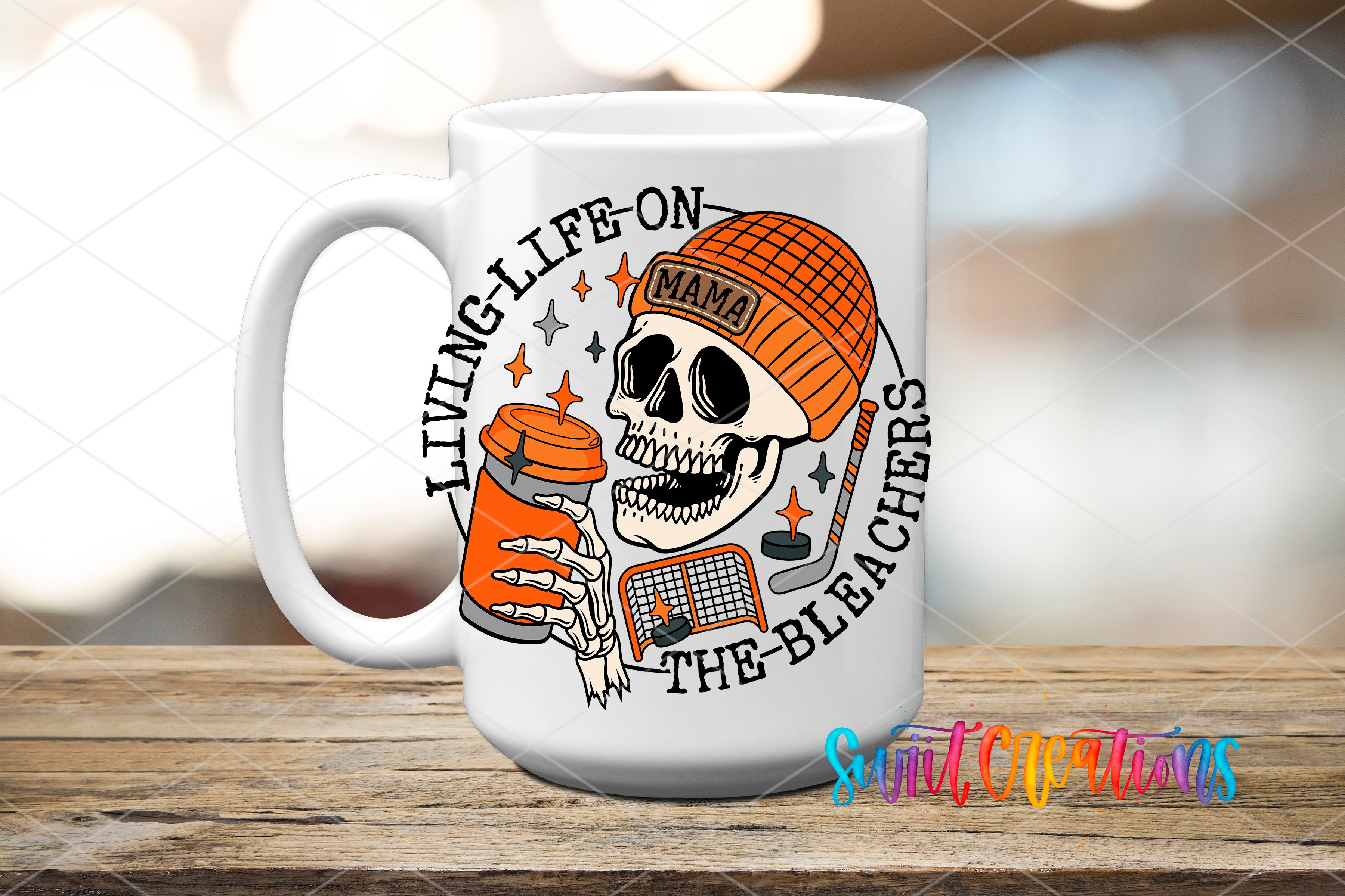 A white ceramic mug with a graphic design featuring a skull wearing a hat and holding a cup, surrounded by text and illustrations.