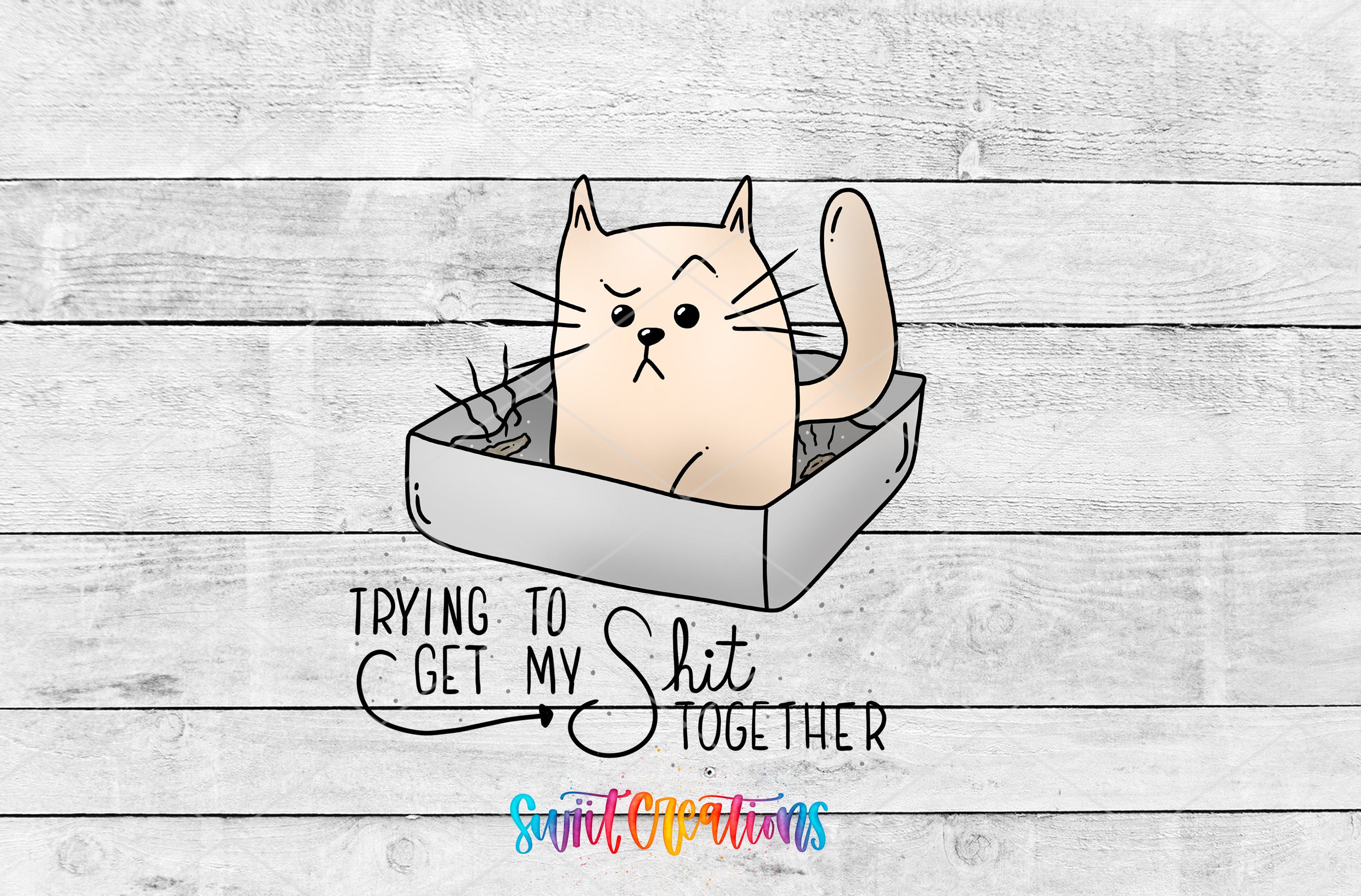 A cartoon image of a cat sitting inside a litter box with the text "TRYING TO GET MY SHIT TOGETHER" and "Swift Operations" written below it.