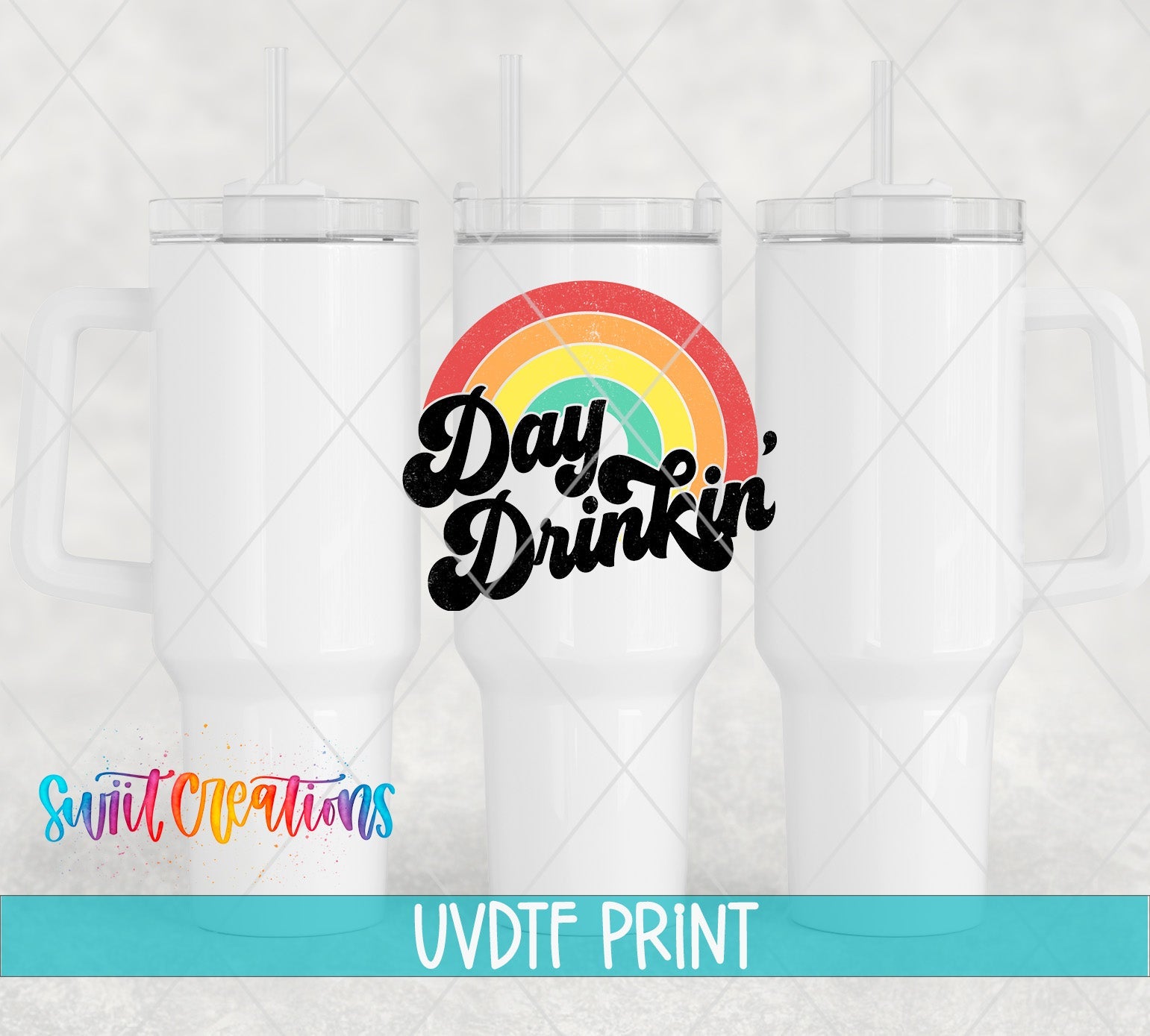 three white tumblers with the words day drinkin on them