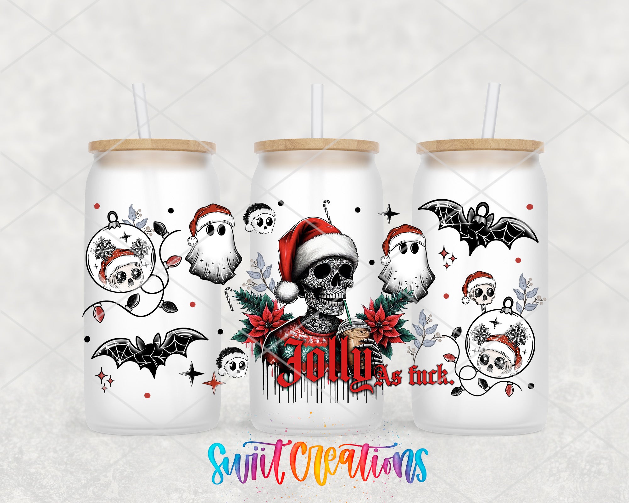 three christmas themed tumblers with a skull and santa hats on them