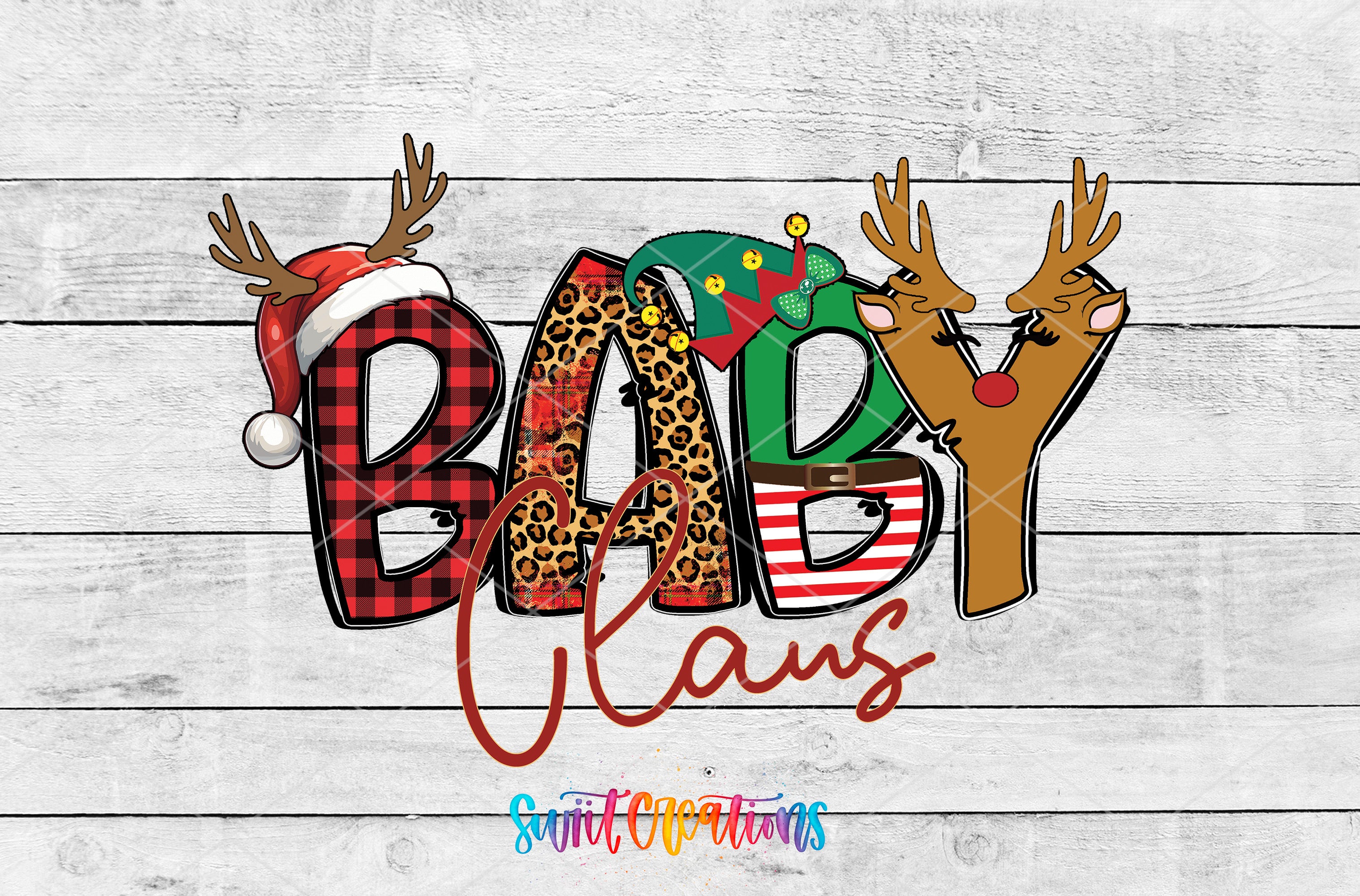 A collage of various Christmas-themed elements, including reindeer antlers, a Santa hat, and the word "BABY CLANS" in a stylized font.