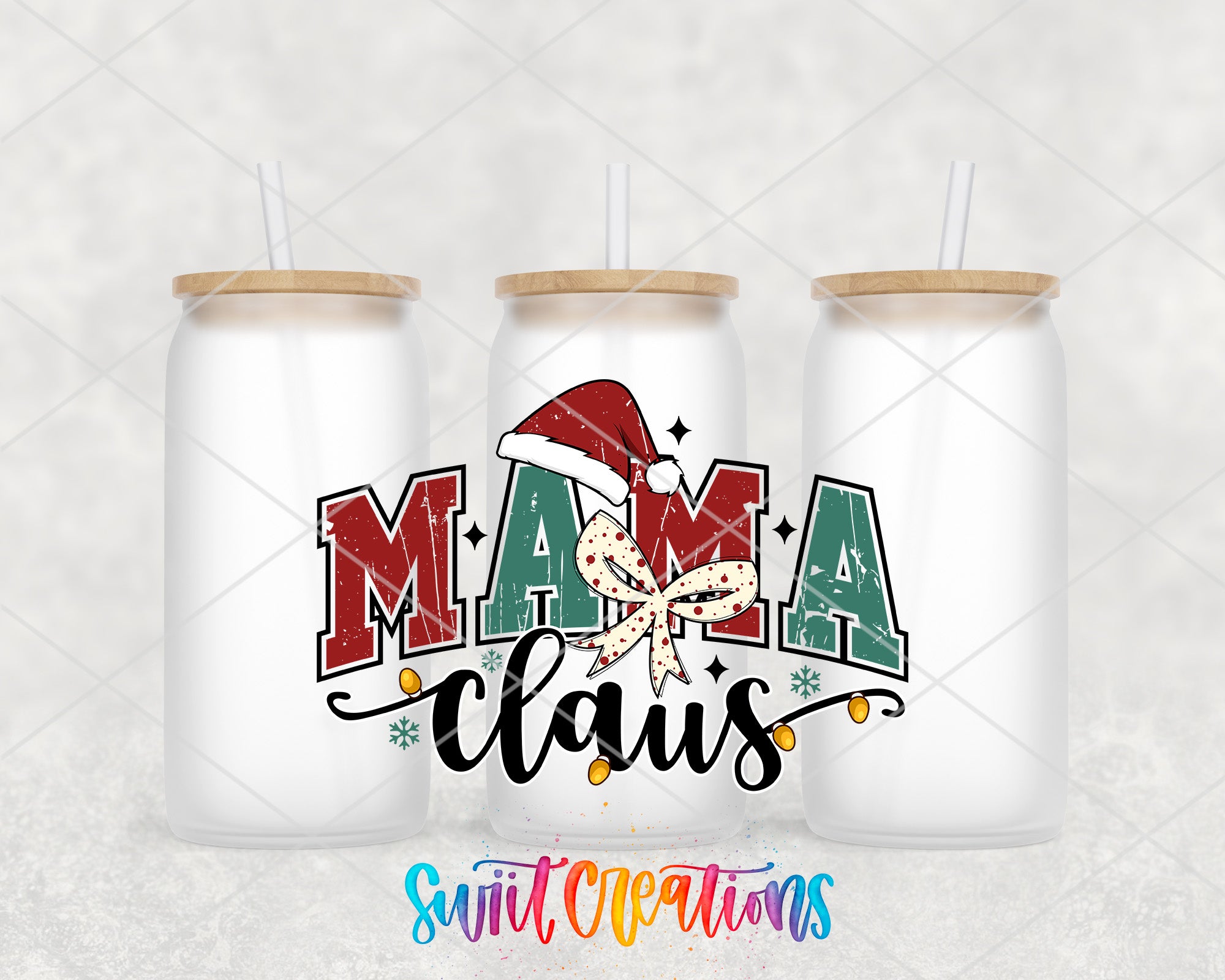 a couple of mason jars with santa hats on them