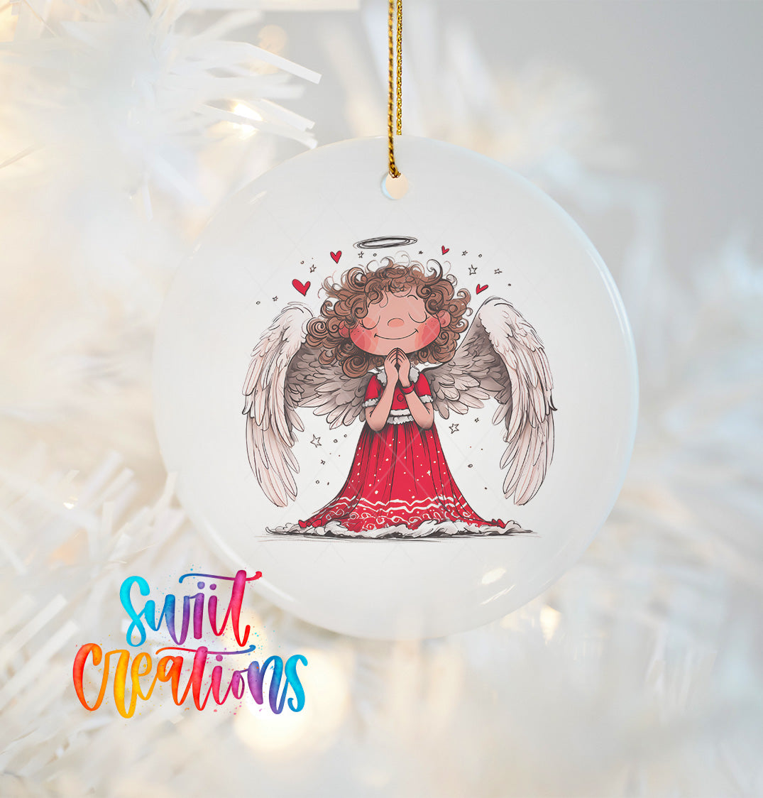 A white ceramic ornament featuring an illustration of an angel with curly hair and wings, surrounded by hearts and flowers.