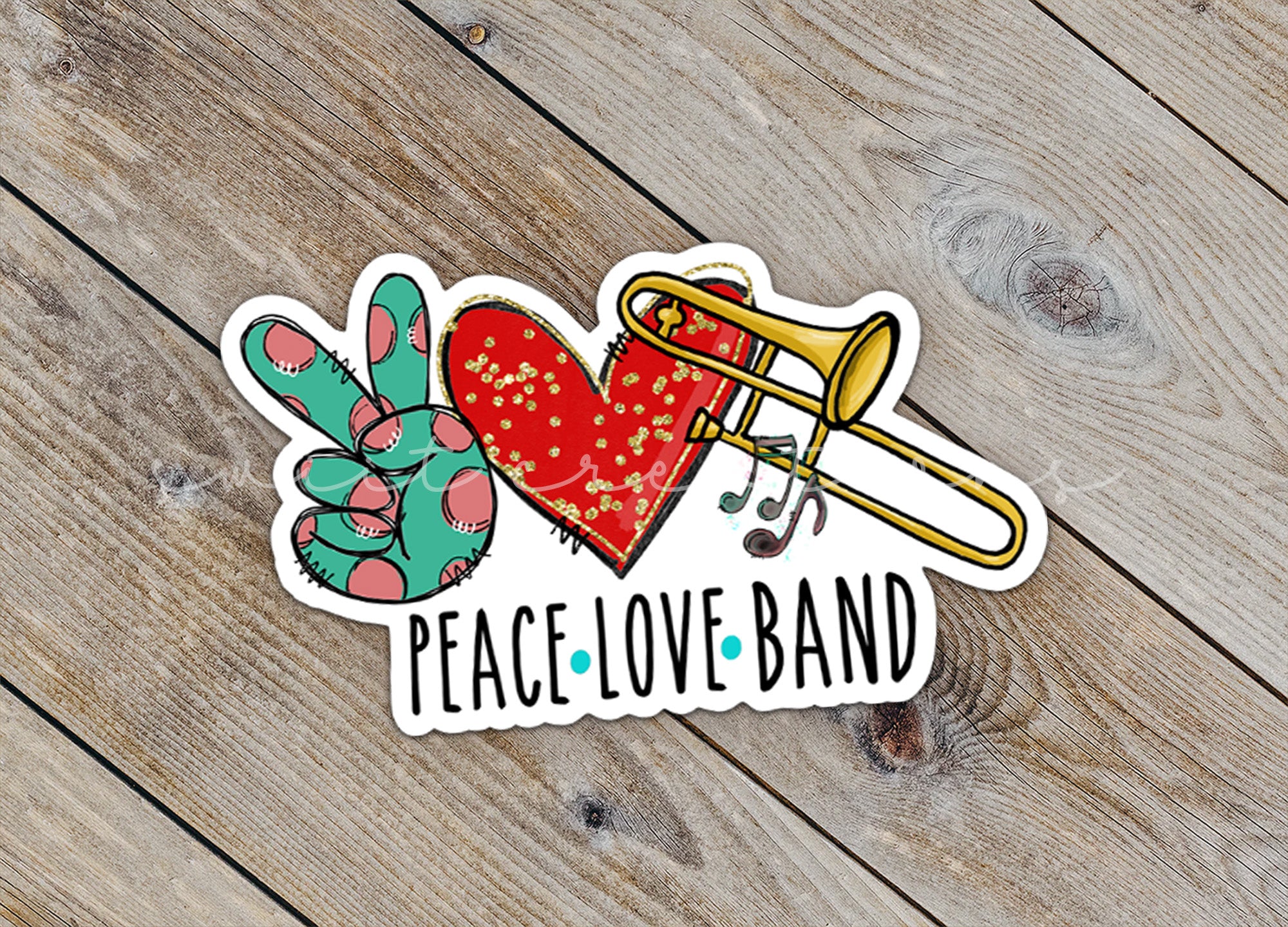 a sticker that says peace love band