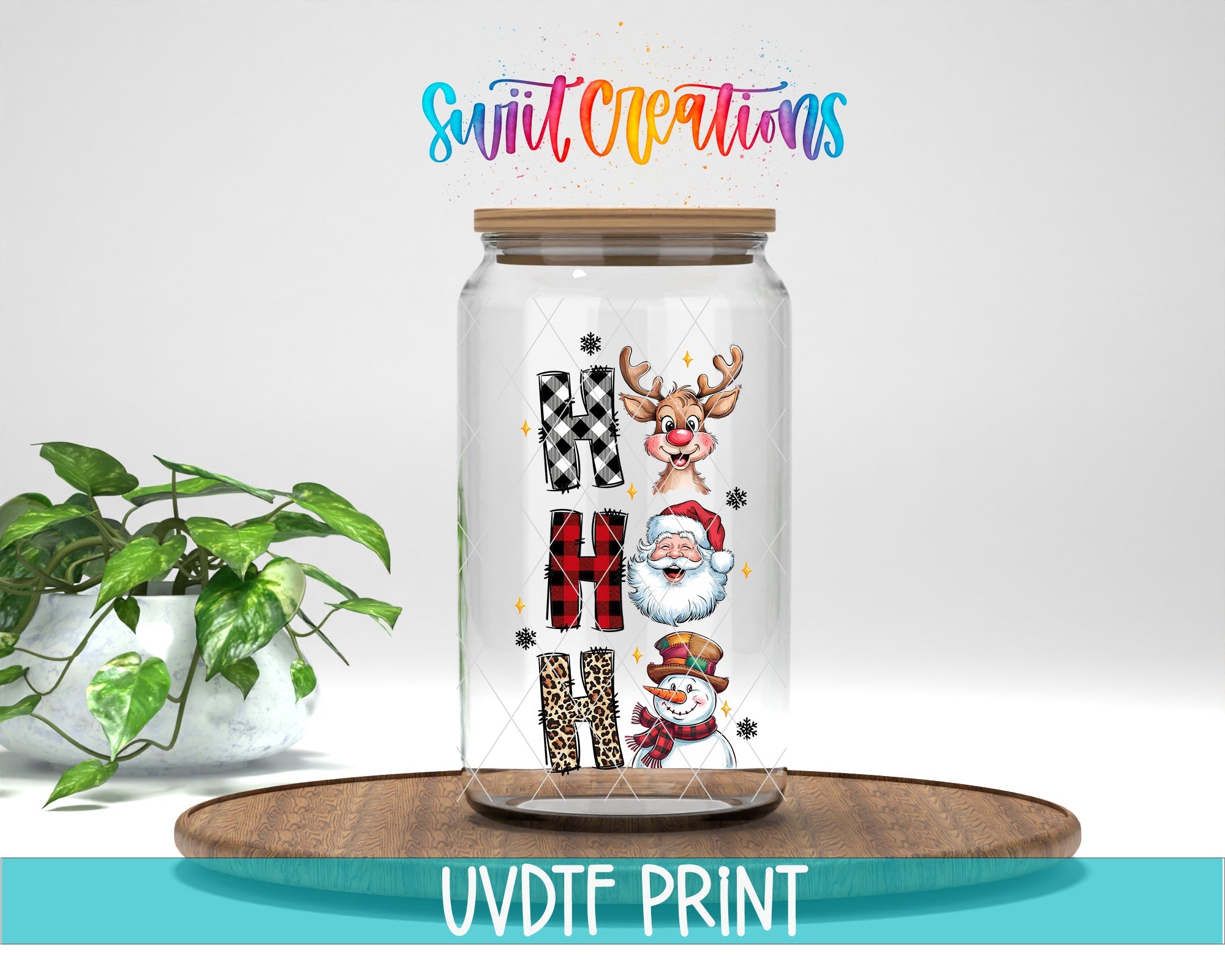 a glass jar with some christmas stickers on it