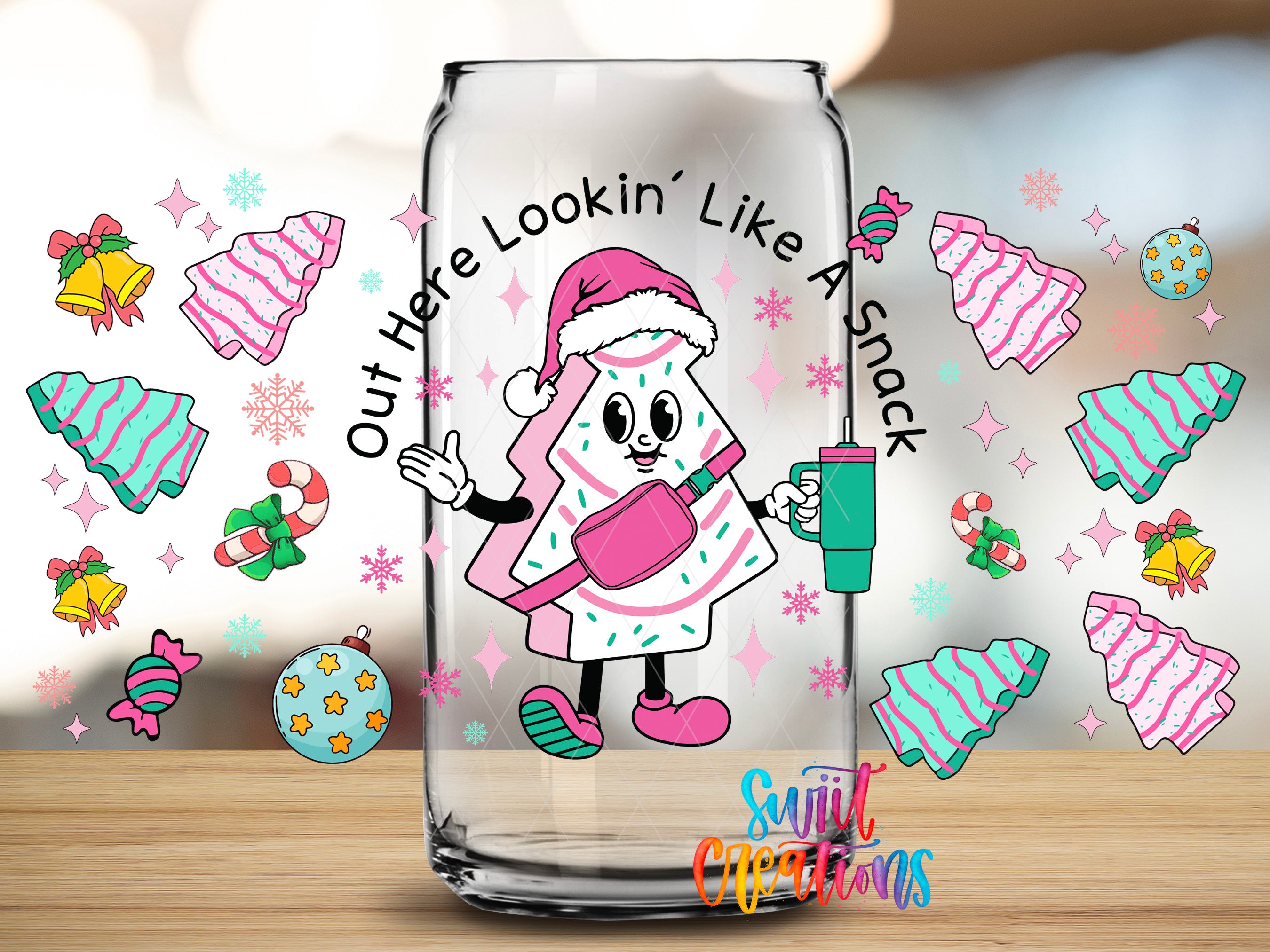 A glass jar with a cartoon character wearing a Santa hat and holding a cup, surrounded by festive Christmas decorations and snowflakes.