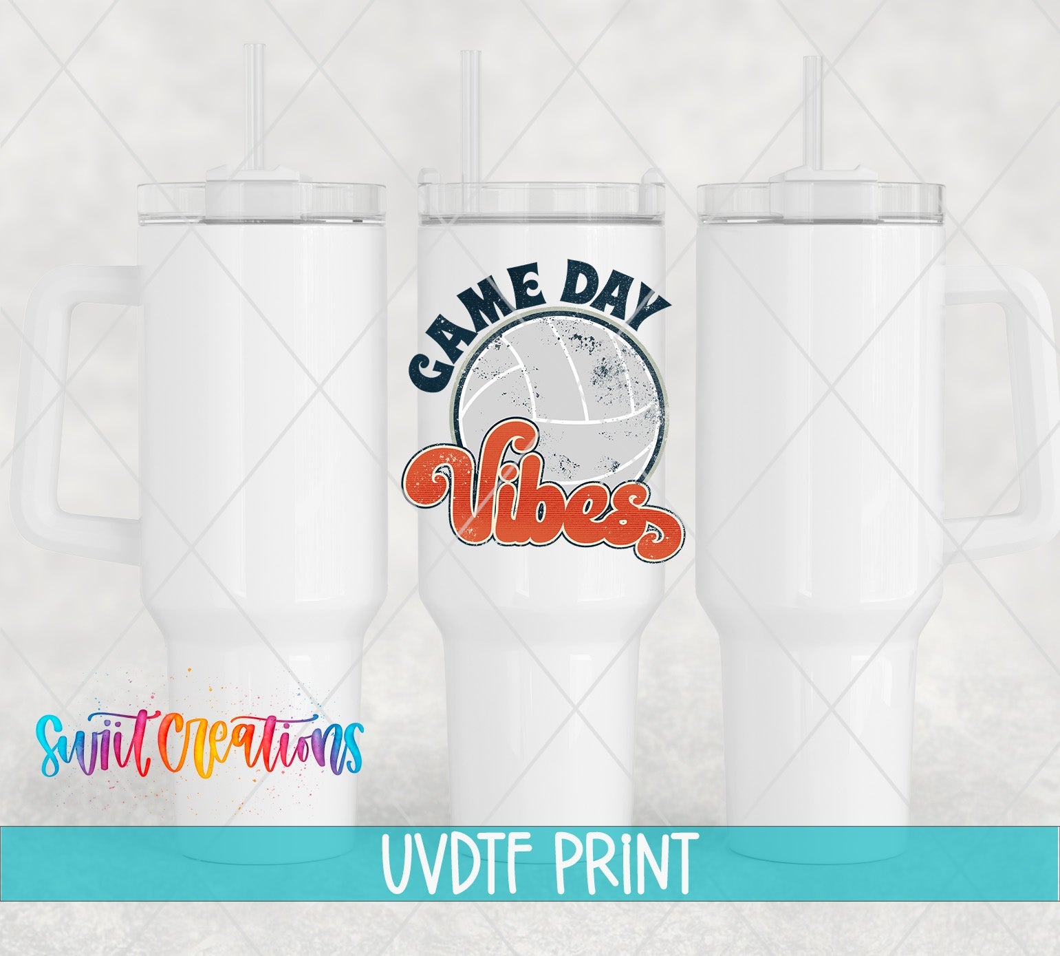 three white tumblers with the words game day vibes on them