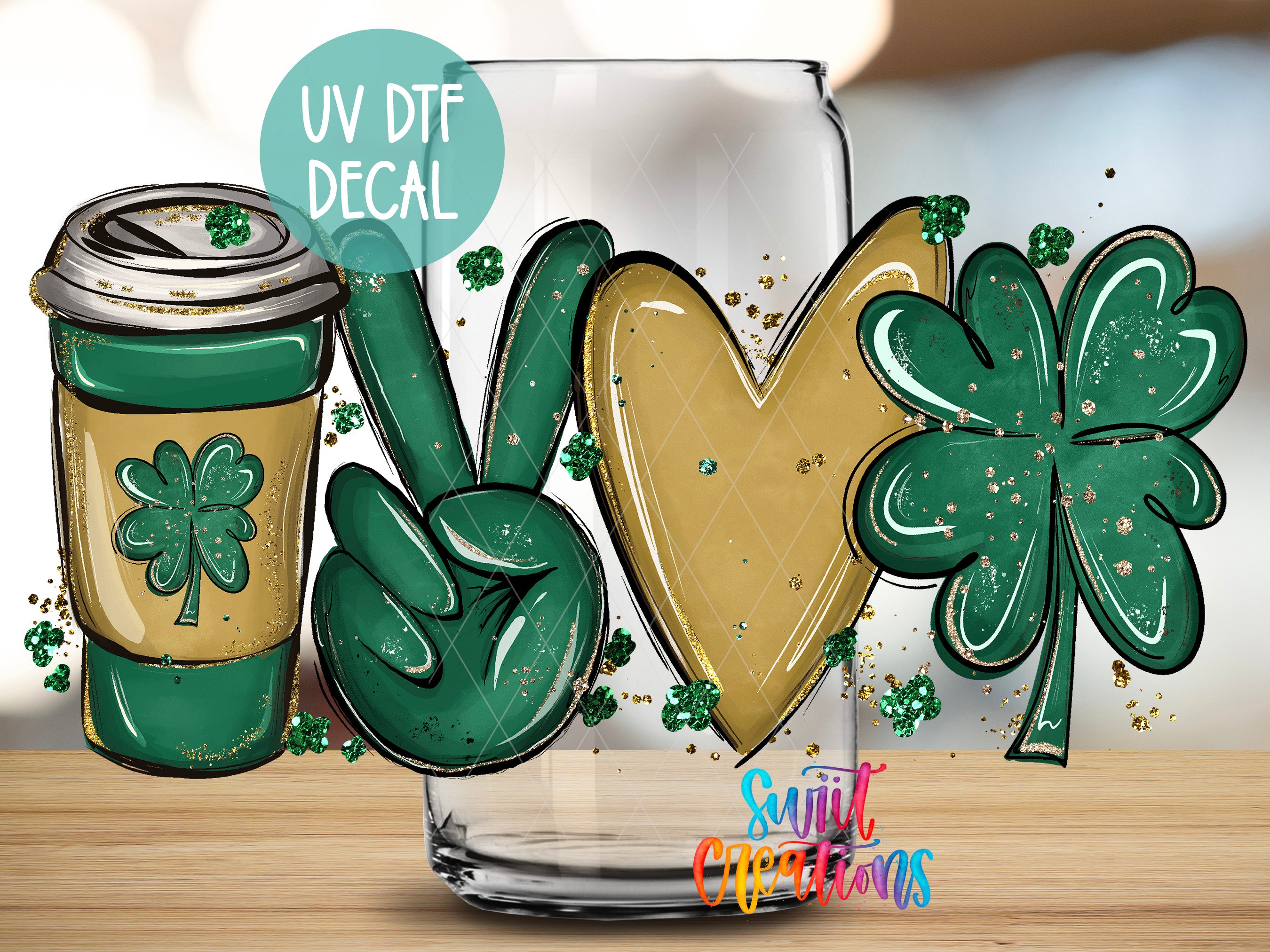 a glass with a peace sign and a cloverleaf, along with a coffee cup, all set against a blurred background.