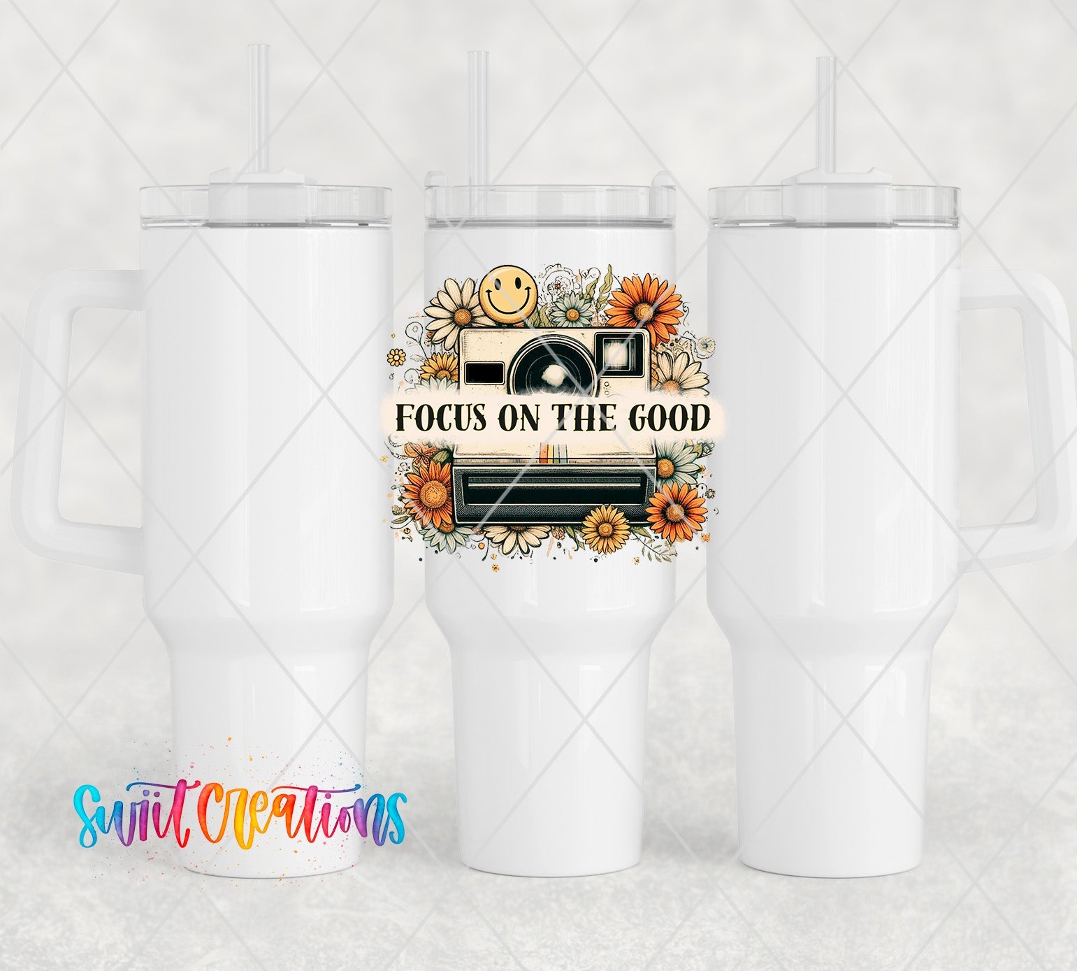 a white tumbler cup with the words focus on the good on it