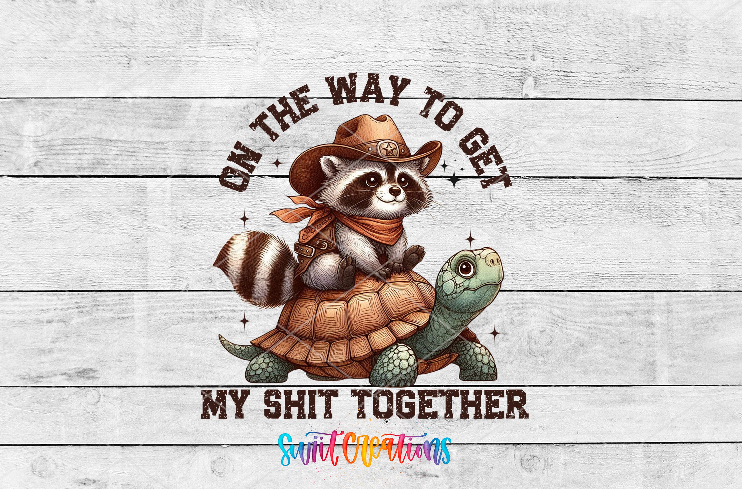 a raccoon riding on top of a turtle wearing a cowboy hat