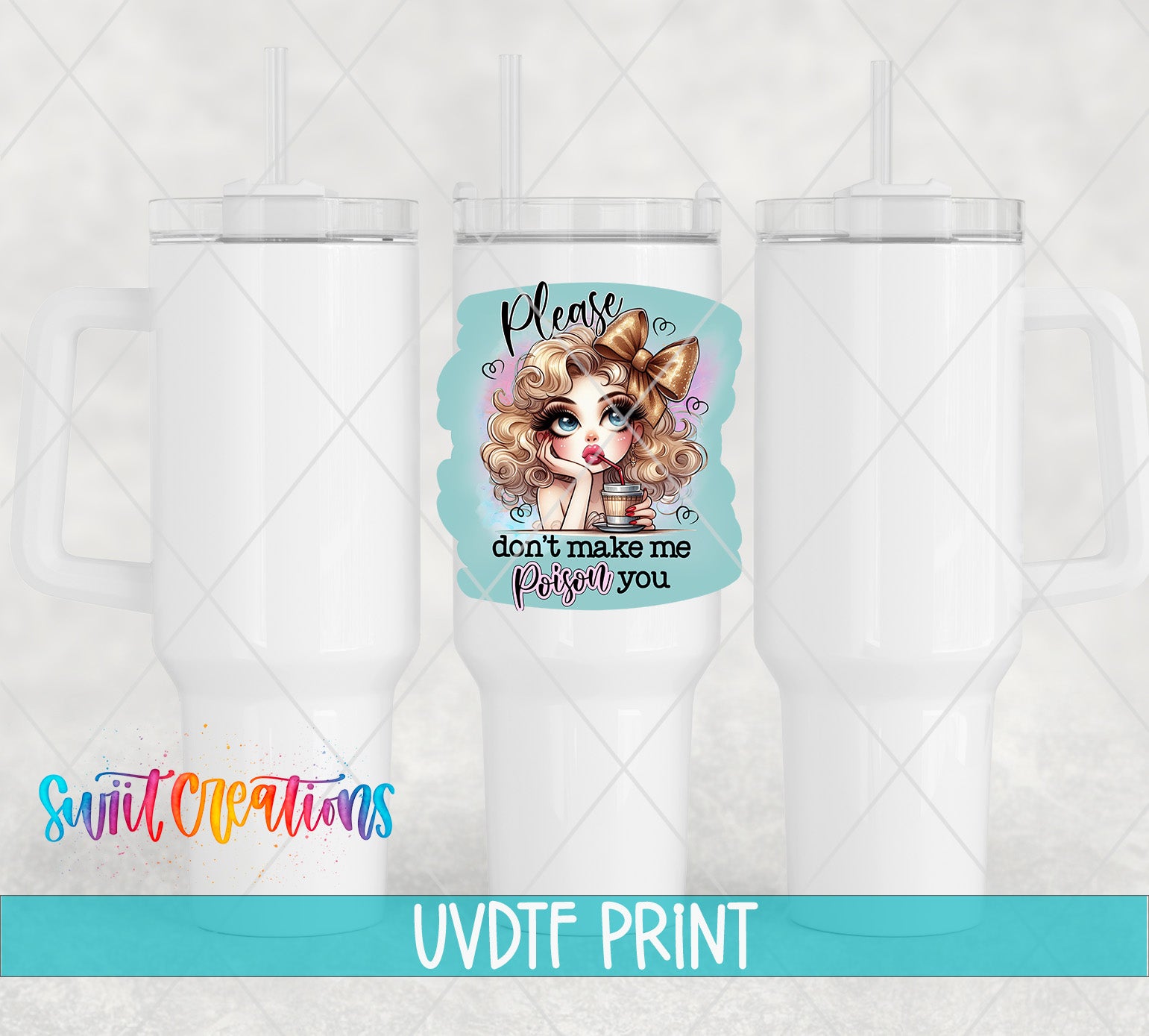 a white tumbler with a picture of a girl on it