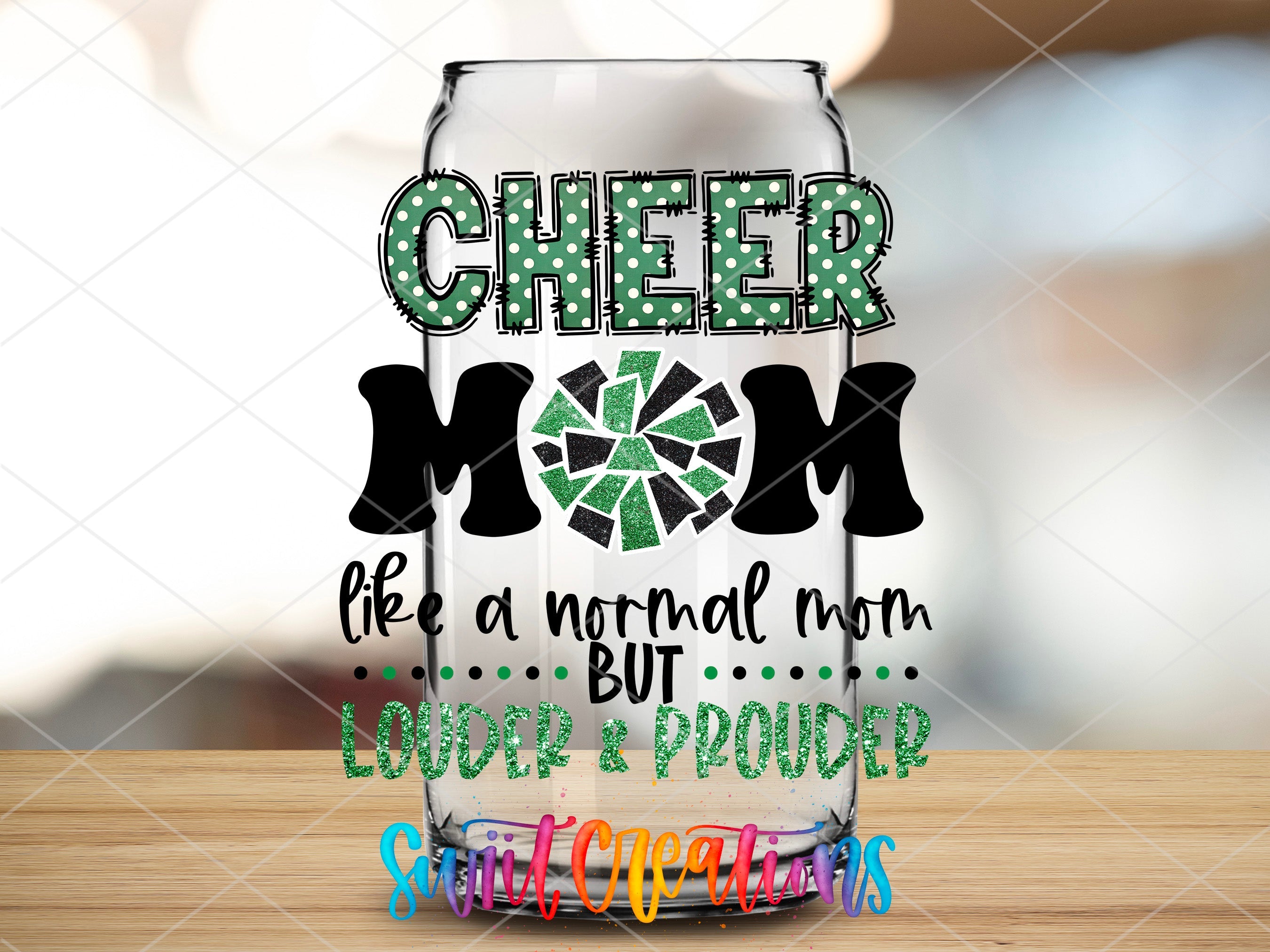a glass with the words cheer mom on it