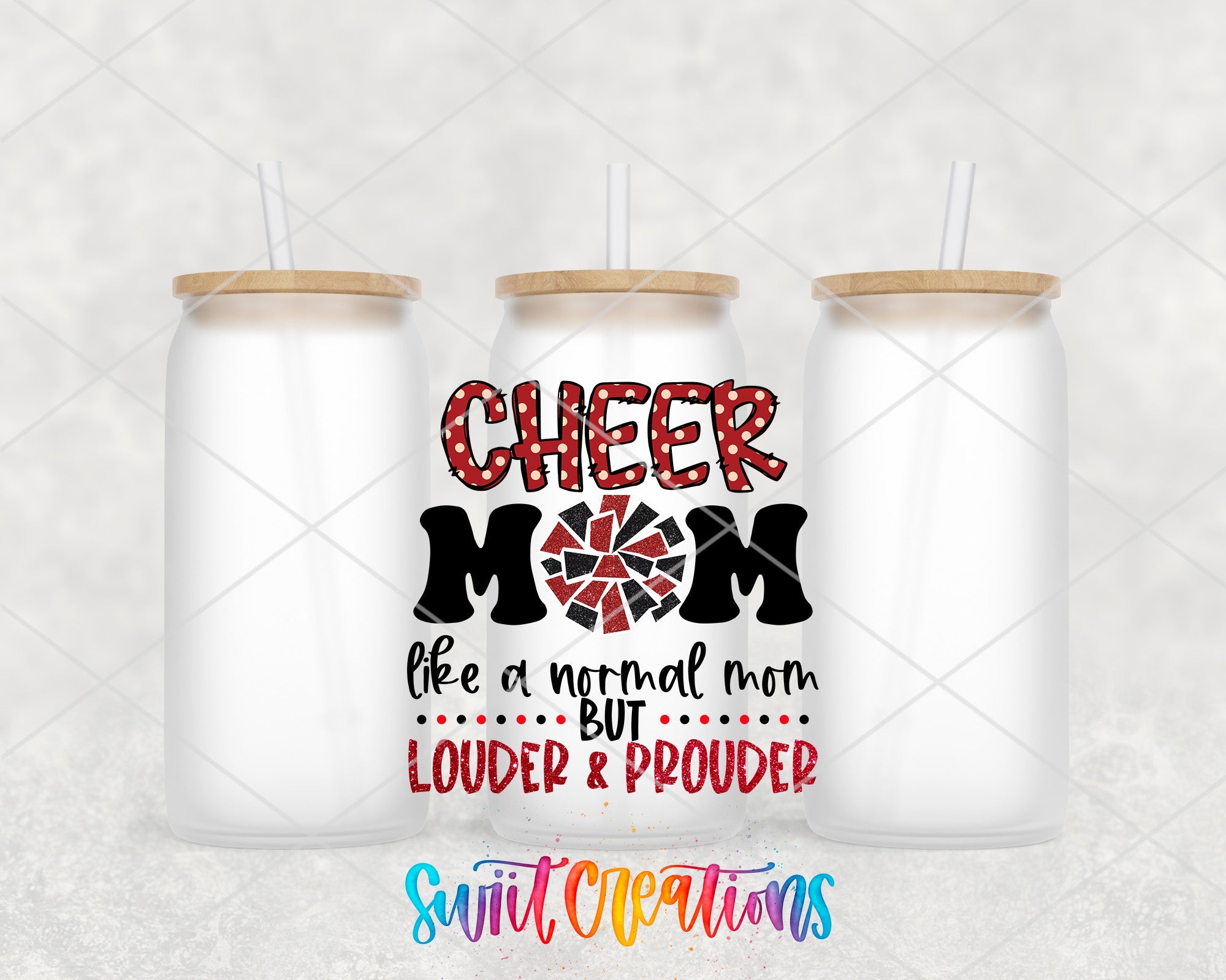 two white mason jars with the words cheer mom on them