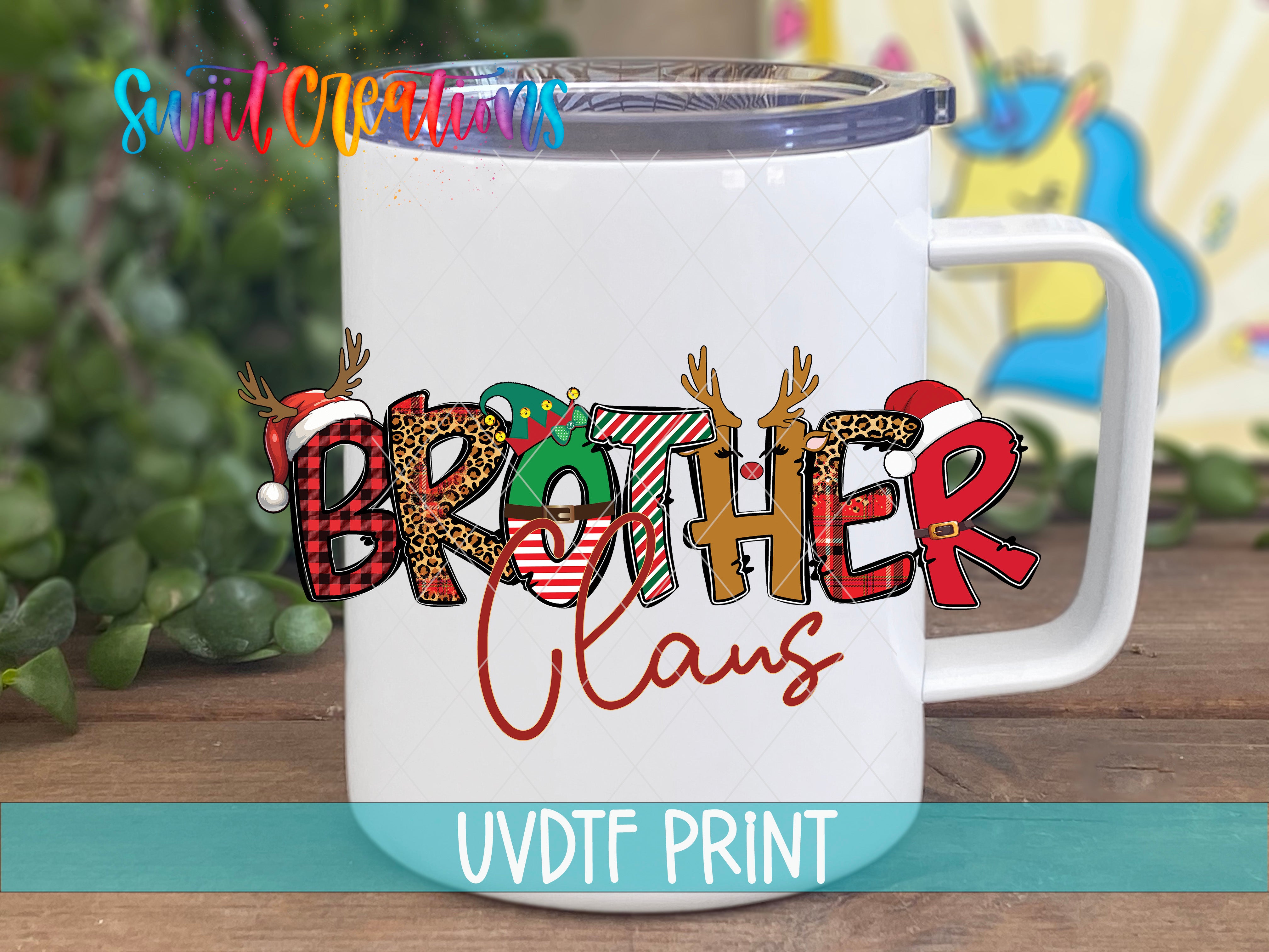 A white mug with a colorful design featuring the text "BROTHER CLANS" and various holiday-themed elements such as reindeer, Santa hats, and snowflakes.