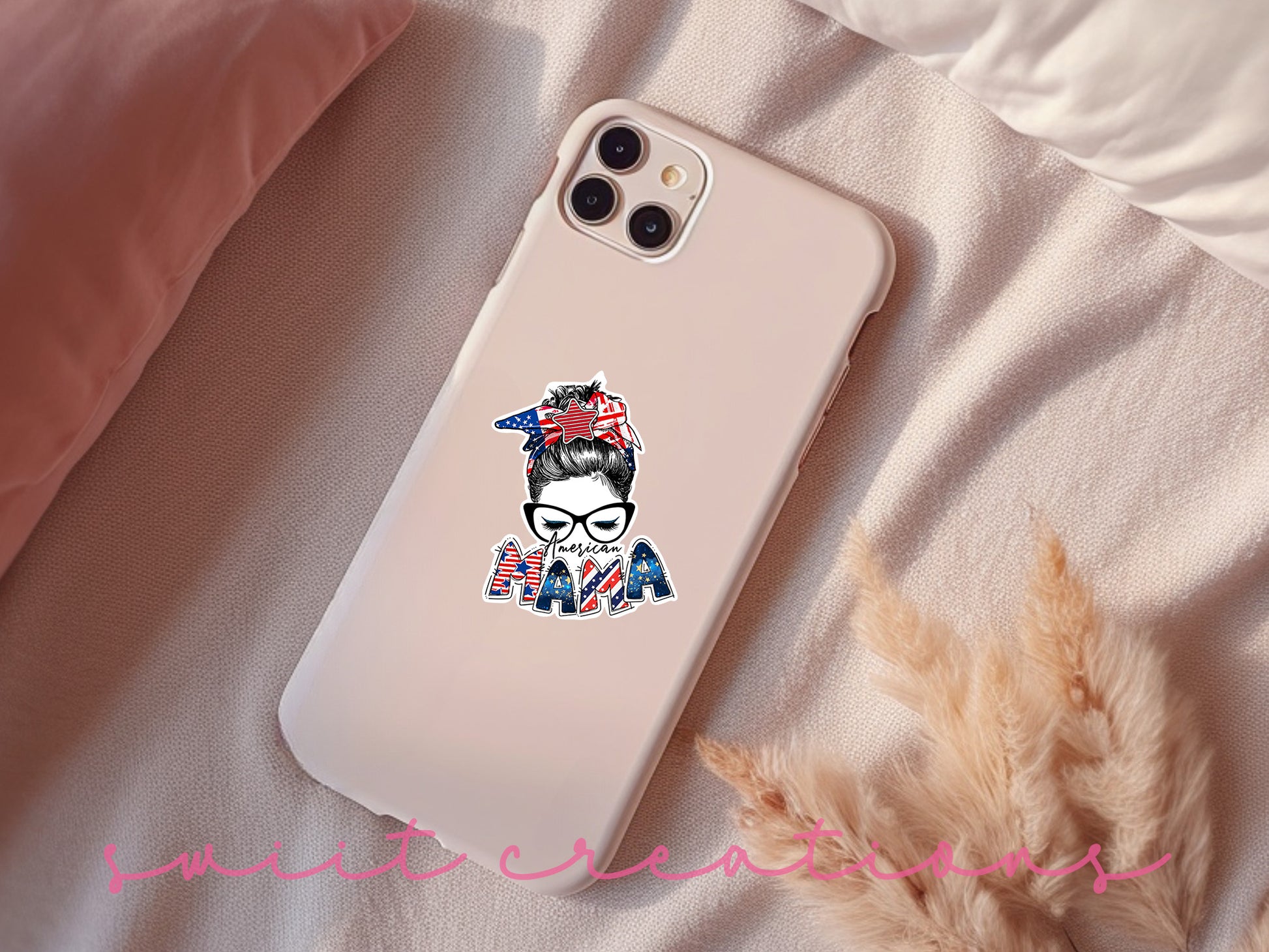 a phone case with a sticker of a woman wearing a bandana
