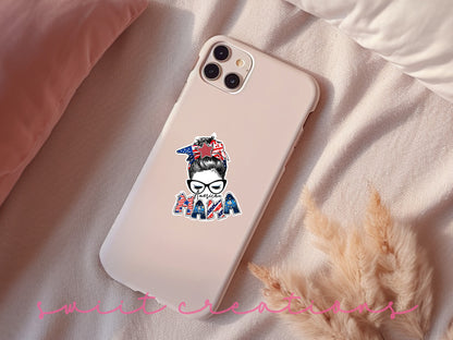 a phone case with a sticker of a woman wearing a bandana