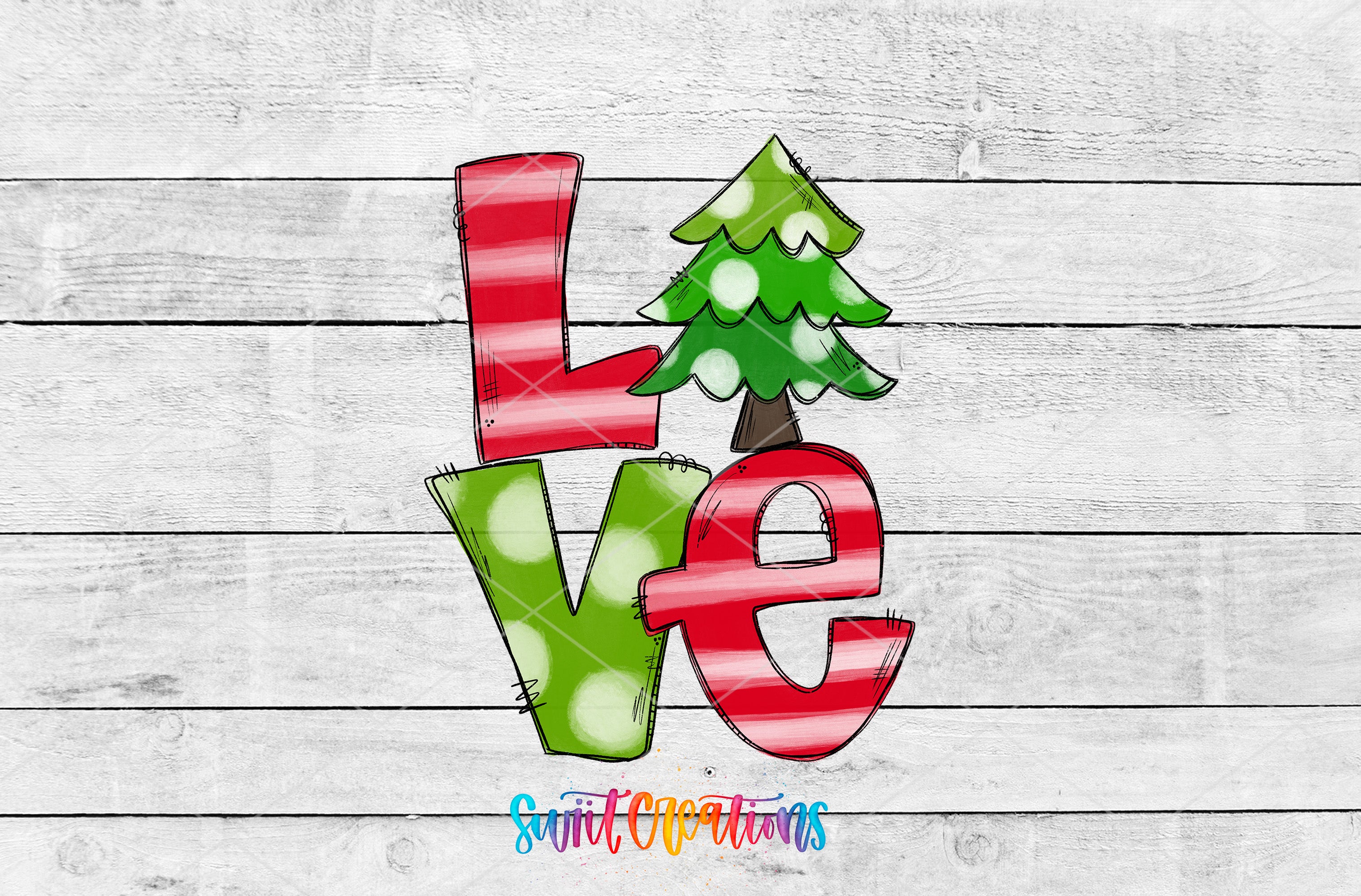 the word love with a christmas tree on it