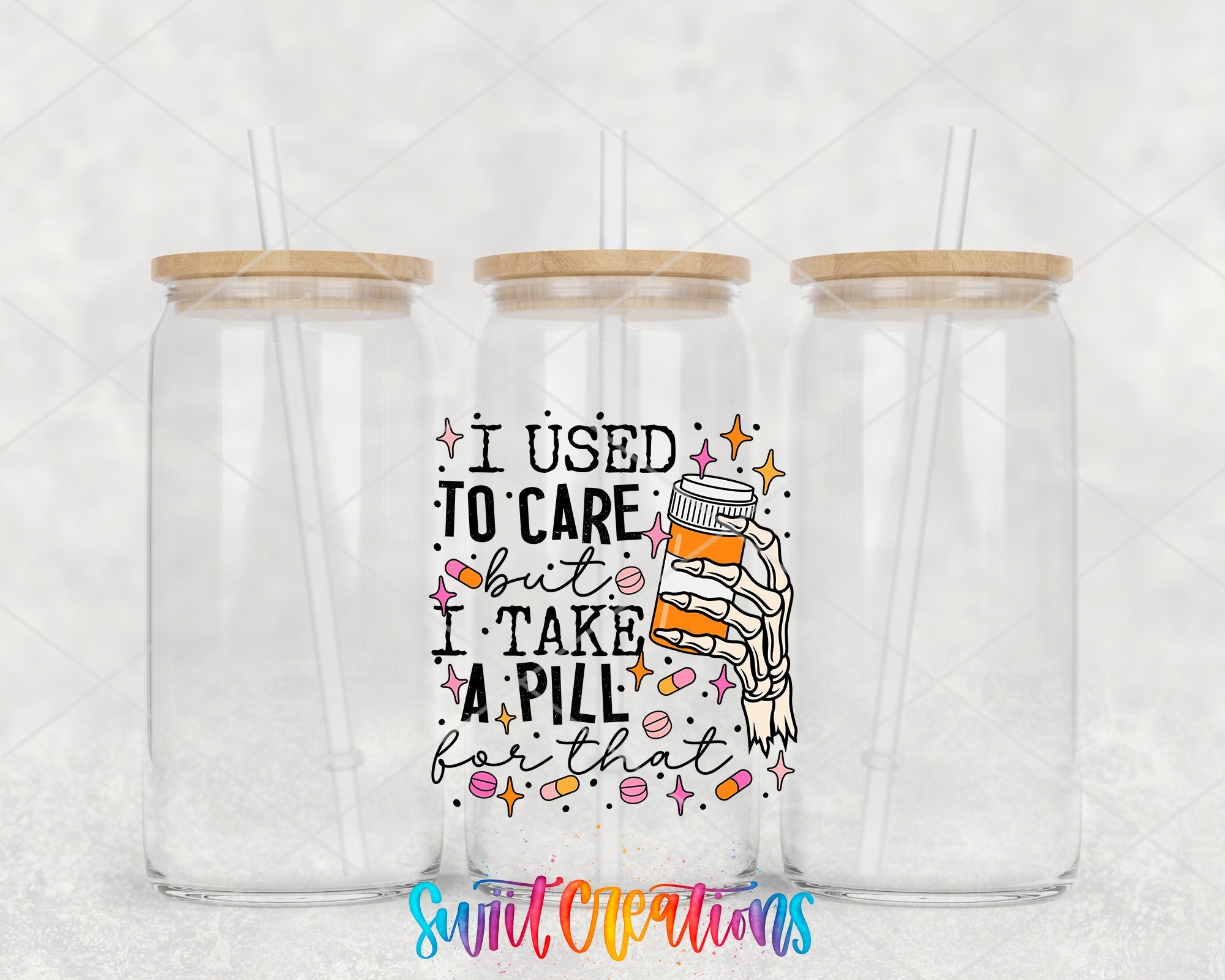two clear tumblers with the words i used to care and i take a pill