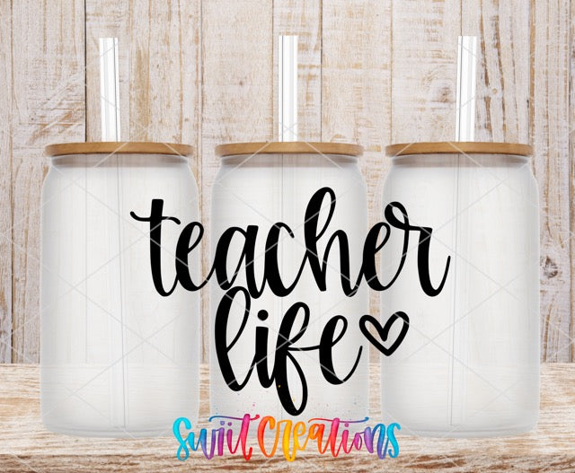two white tumbles with the words teacher life painted on them