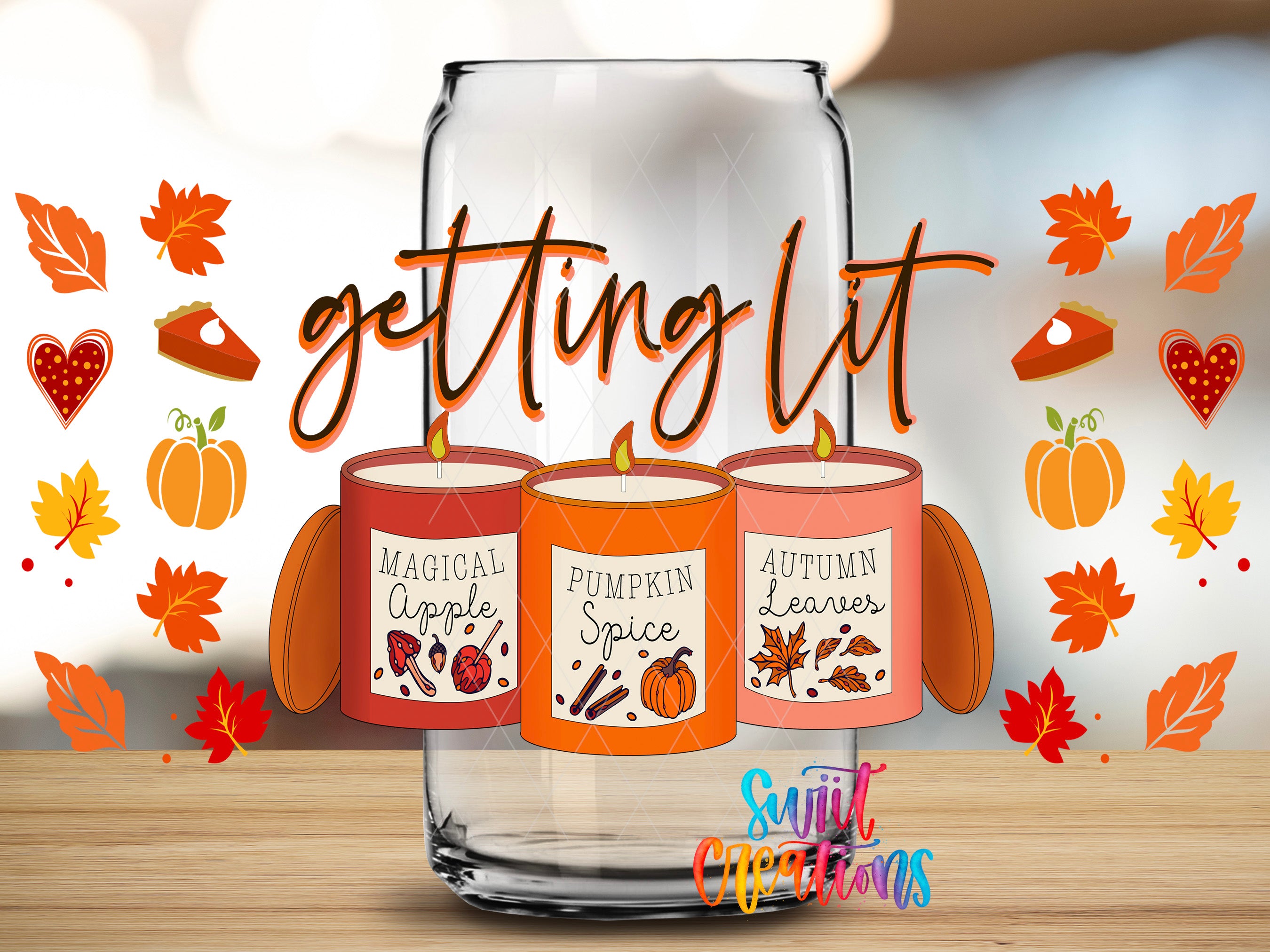 three orange candles with labels for "MAGICAL APPLE", "PUMPKIN SPICE", and "AUTUMN LEAVES" on a glass jar, surrounded by autumn leaves and a pumpkin.