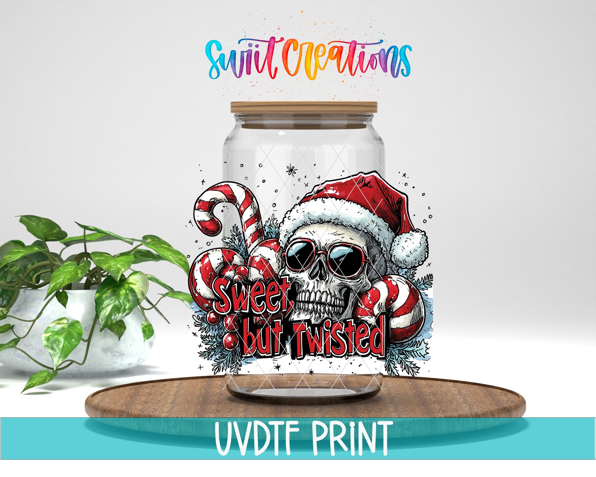a jar filled with candy canes and a skull wearing a santa hat
