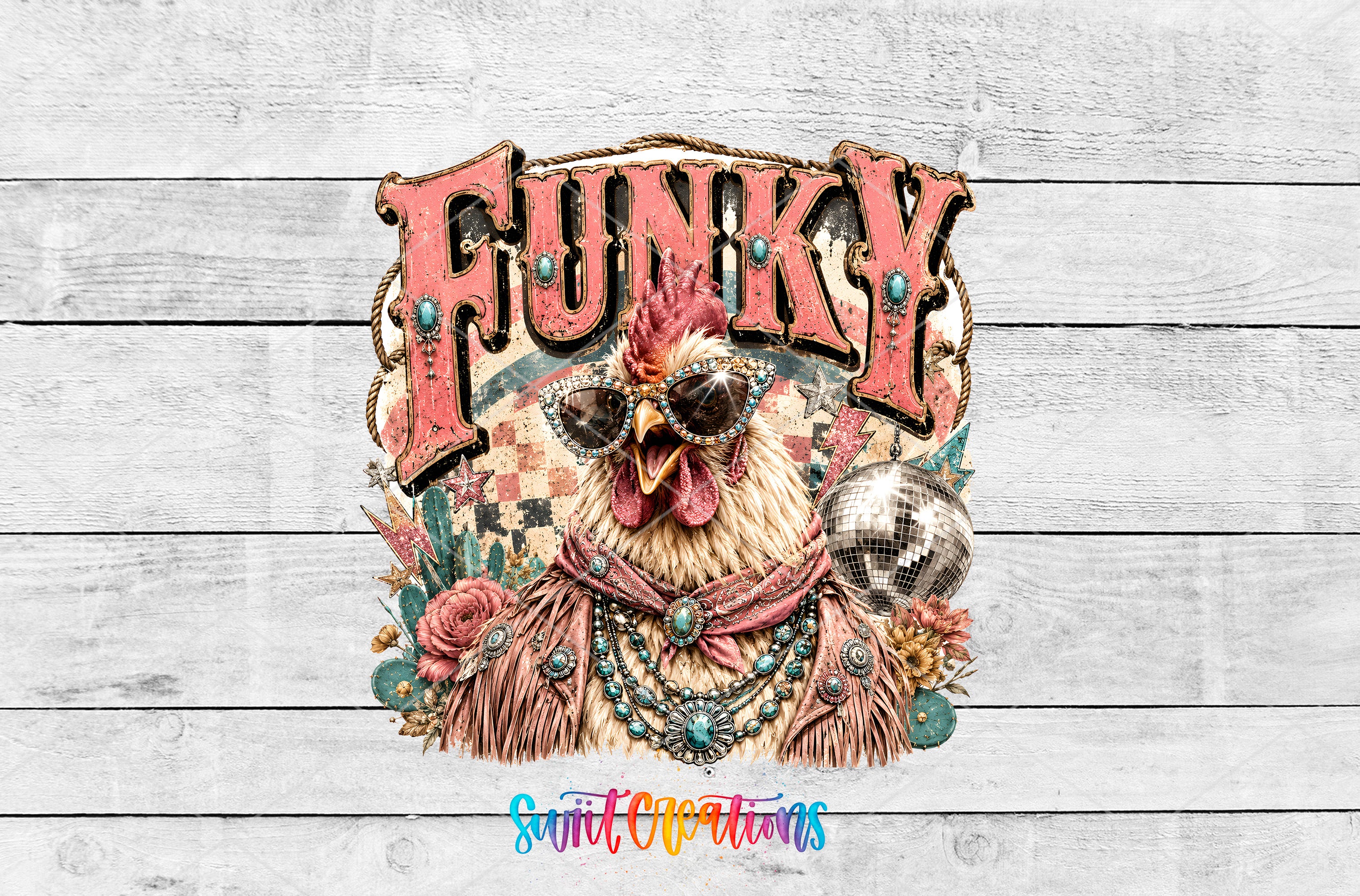 a colorful and whimsical illustration of a rooster wearing sunglasses and a hat, surrounded by various decorative elements such as flowers, beads, and a disco ball.