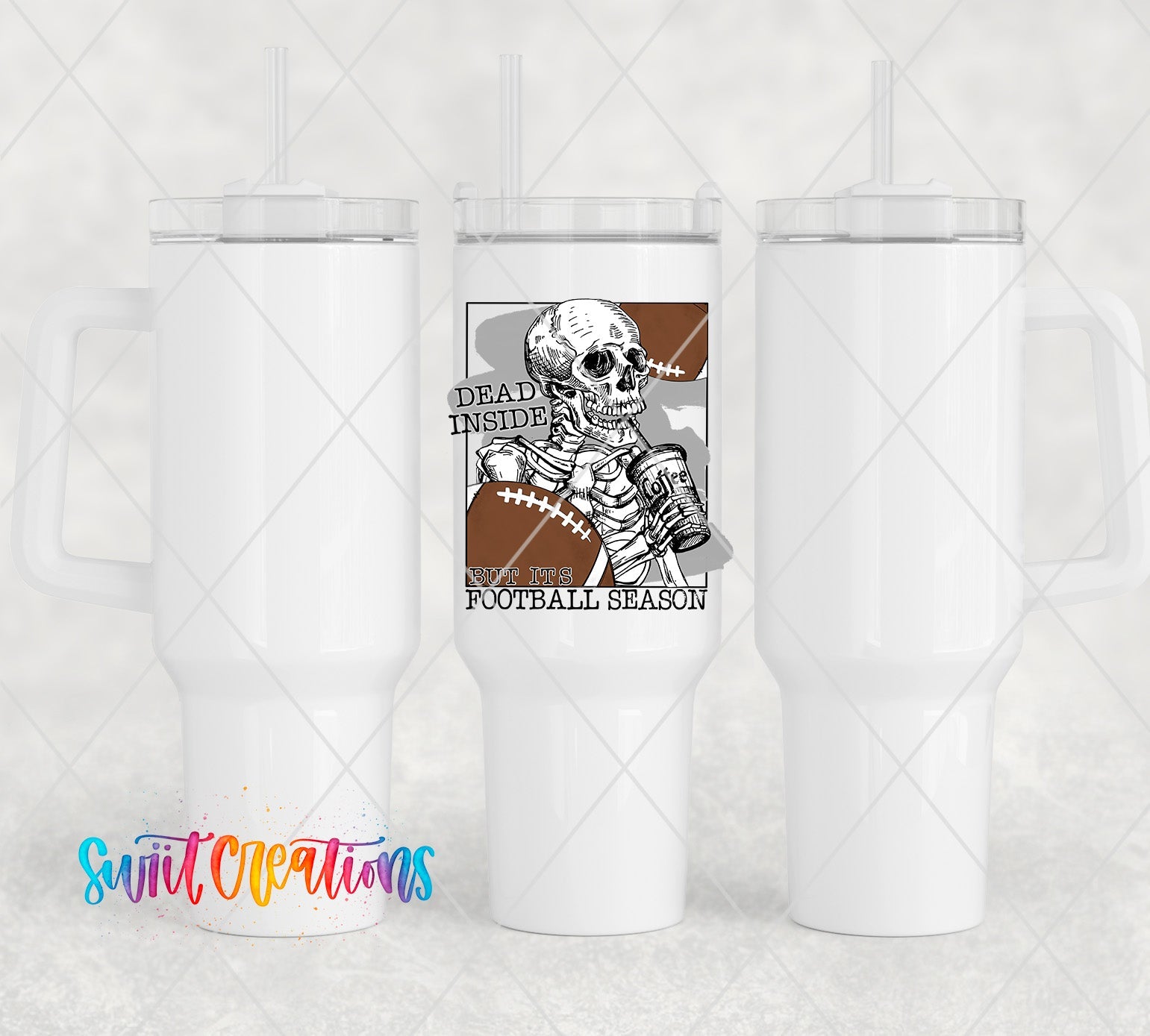 a white cup with a skeleton on it