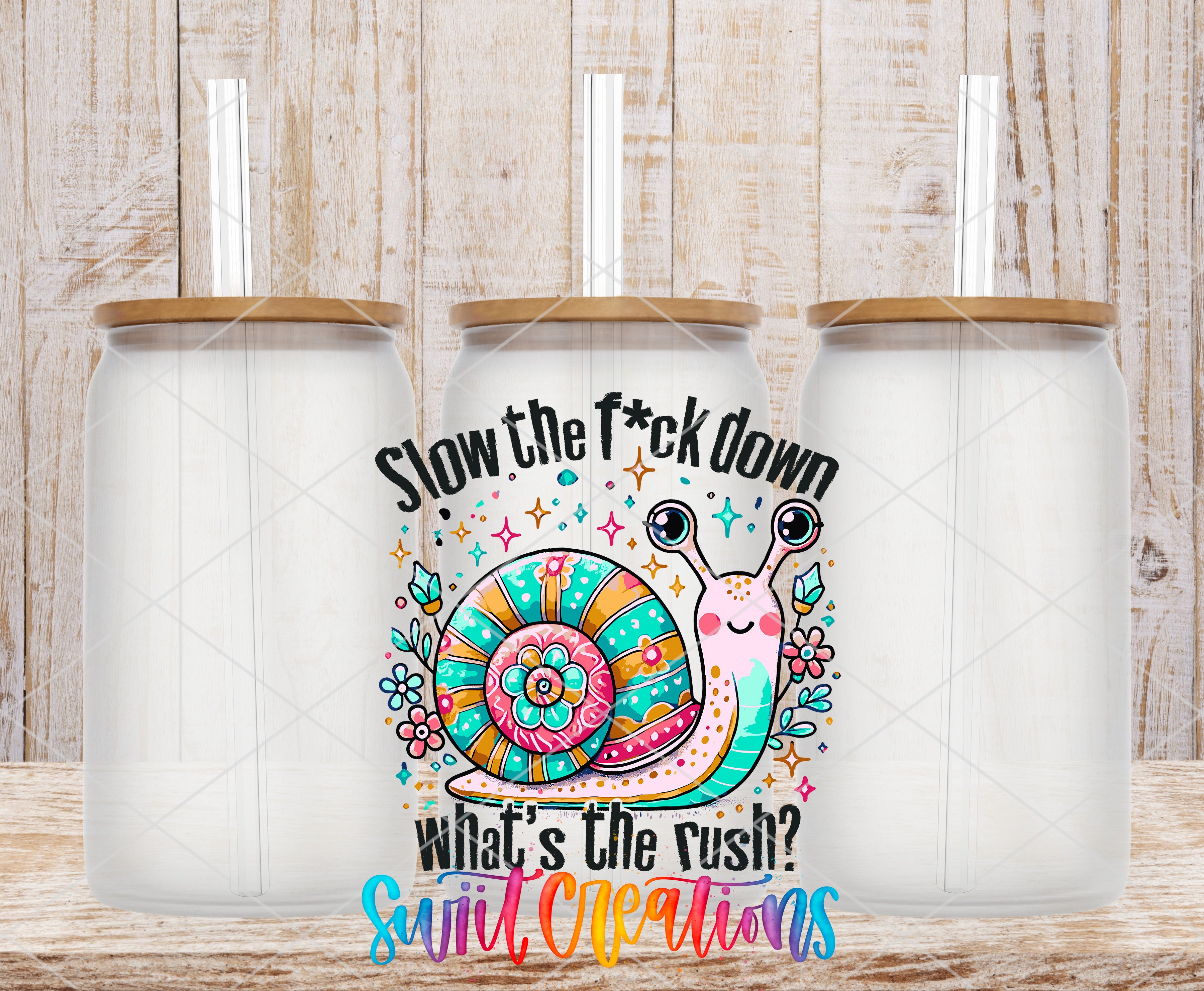 a colorful and whimsical design of a snail with a flower on its shell, accompanied by the text "Slow the fuck down, what's the rush? sudit cleanups" in a playful and humorous manner.