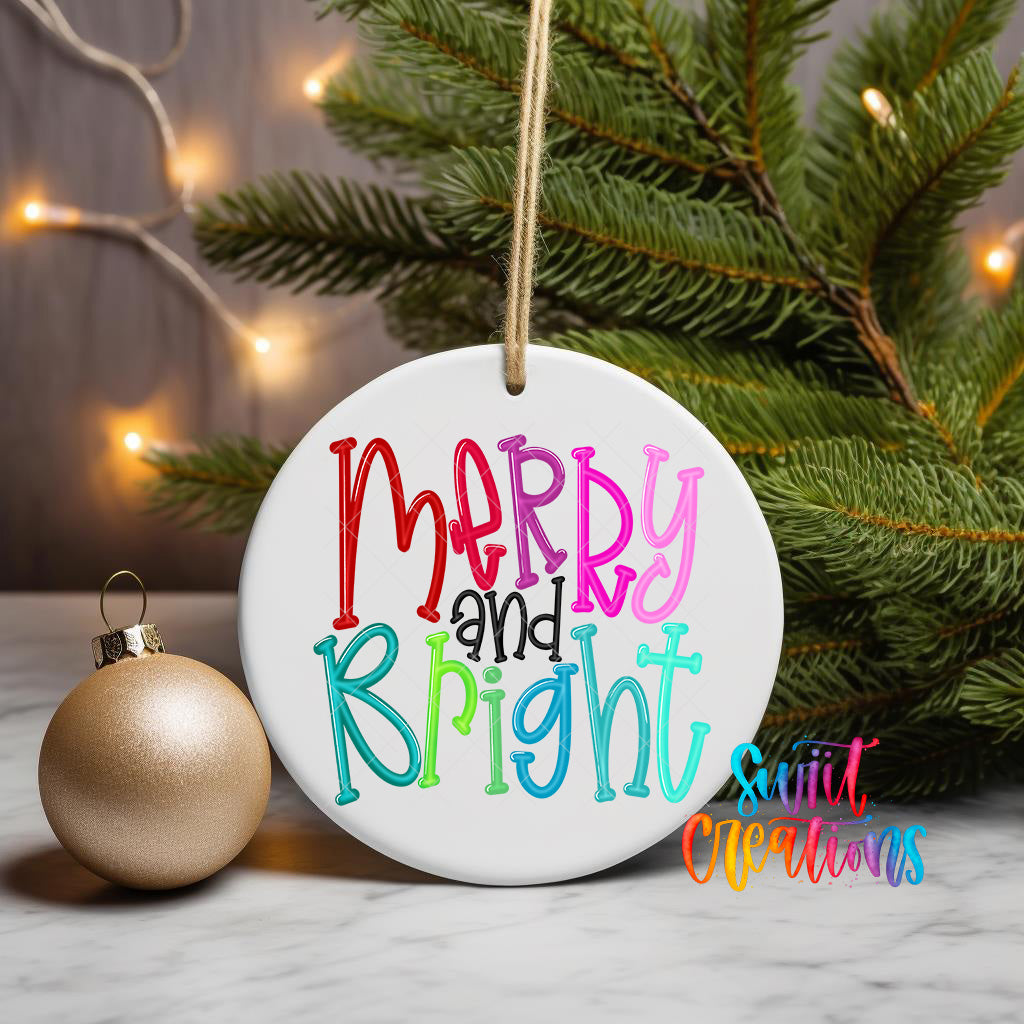A white ornament with the text "Merry and Bright" in colorful letters is hanging from a string, surrounded by a Christmas tree and a gold ornament.