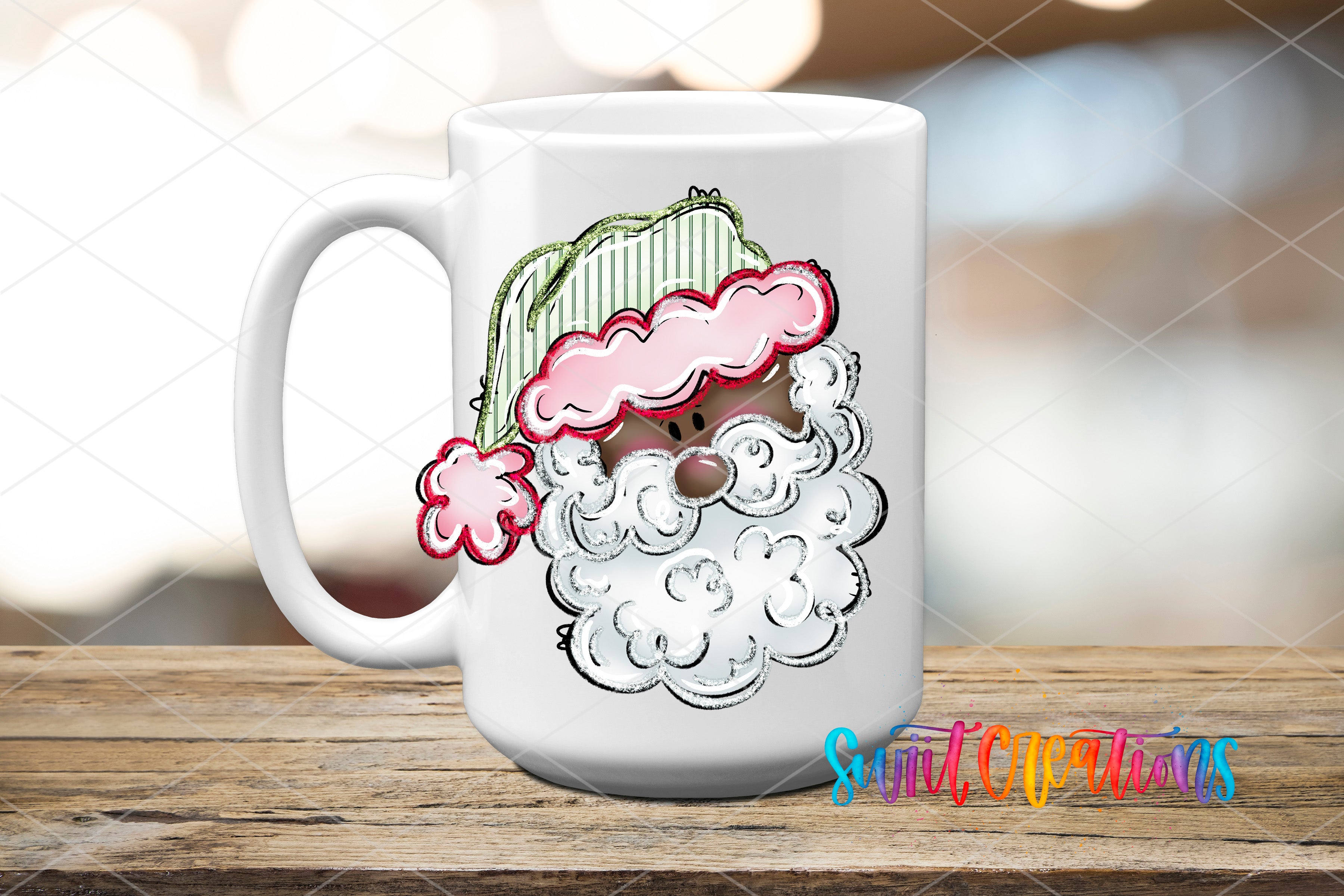A white ceramic mug with a colorful illustration of a Santa Claus face on it, placed on a wooden surface.
