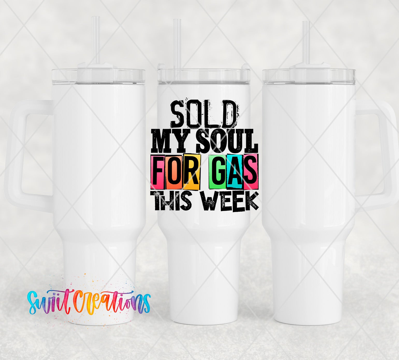 a pair of white tumblers with the words sold my soul for gas this week