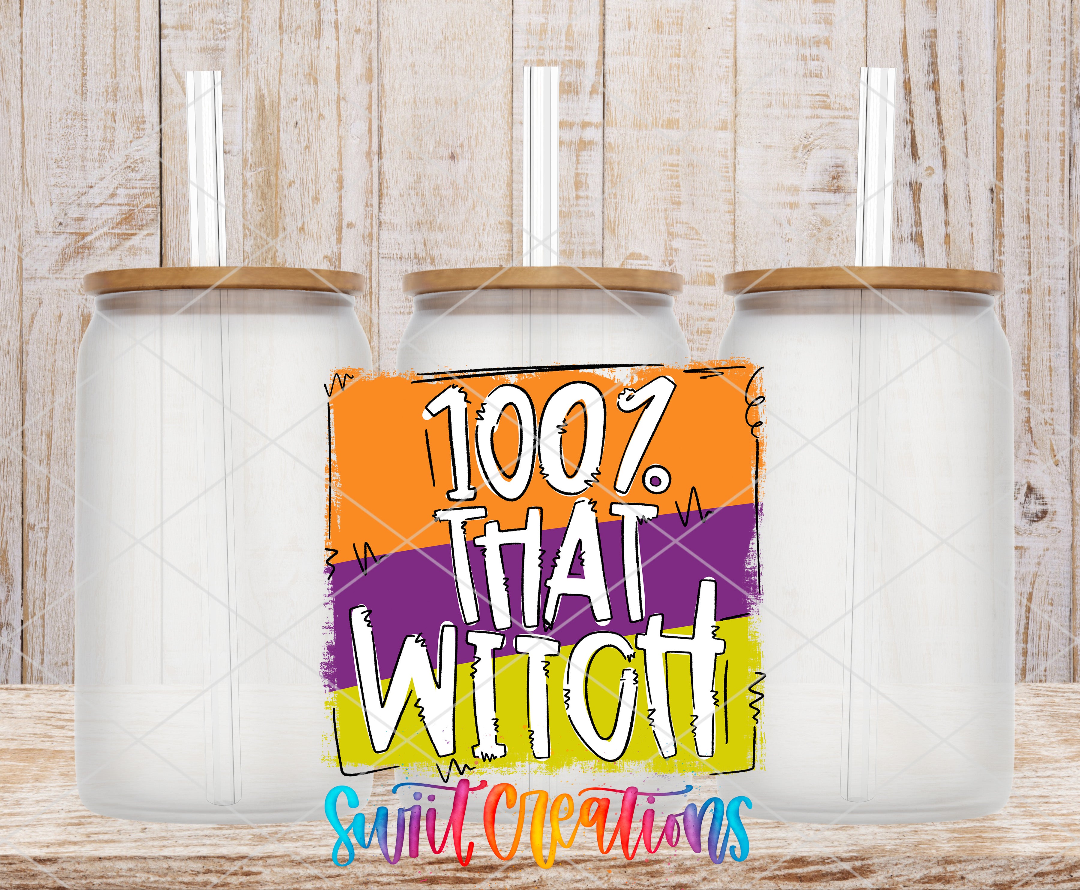 three clear glass jars with wooden lids, arranged in a row against a wooden background. In the center of the image, there is a colorful graphic with the text "1007. THAT WITCH" written in a stylized font.