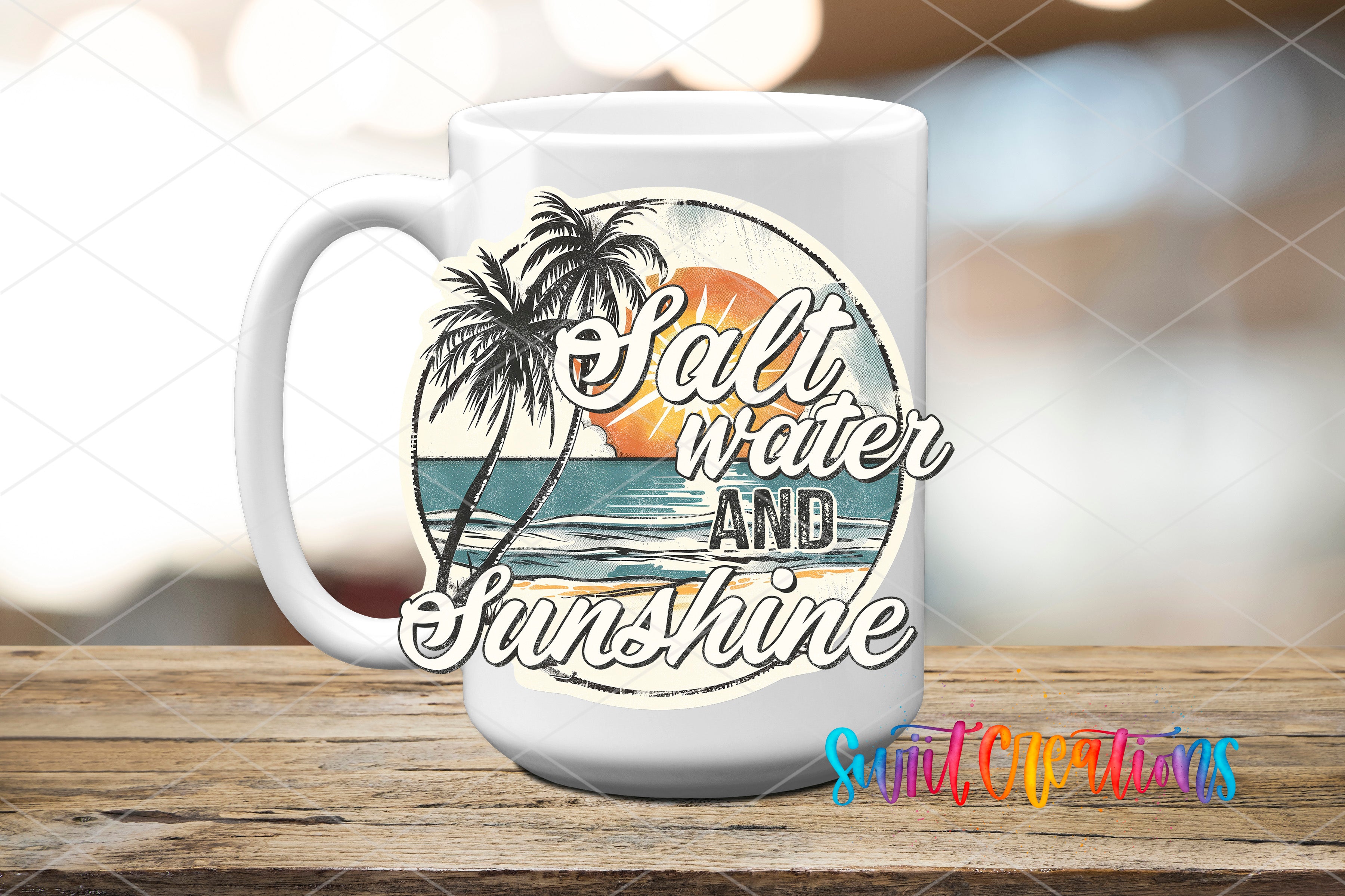 A white mug with a tropical beach scene and the text "Salt Water and Sunshine" printed on it, placed on a wooden surface.