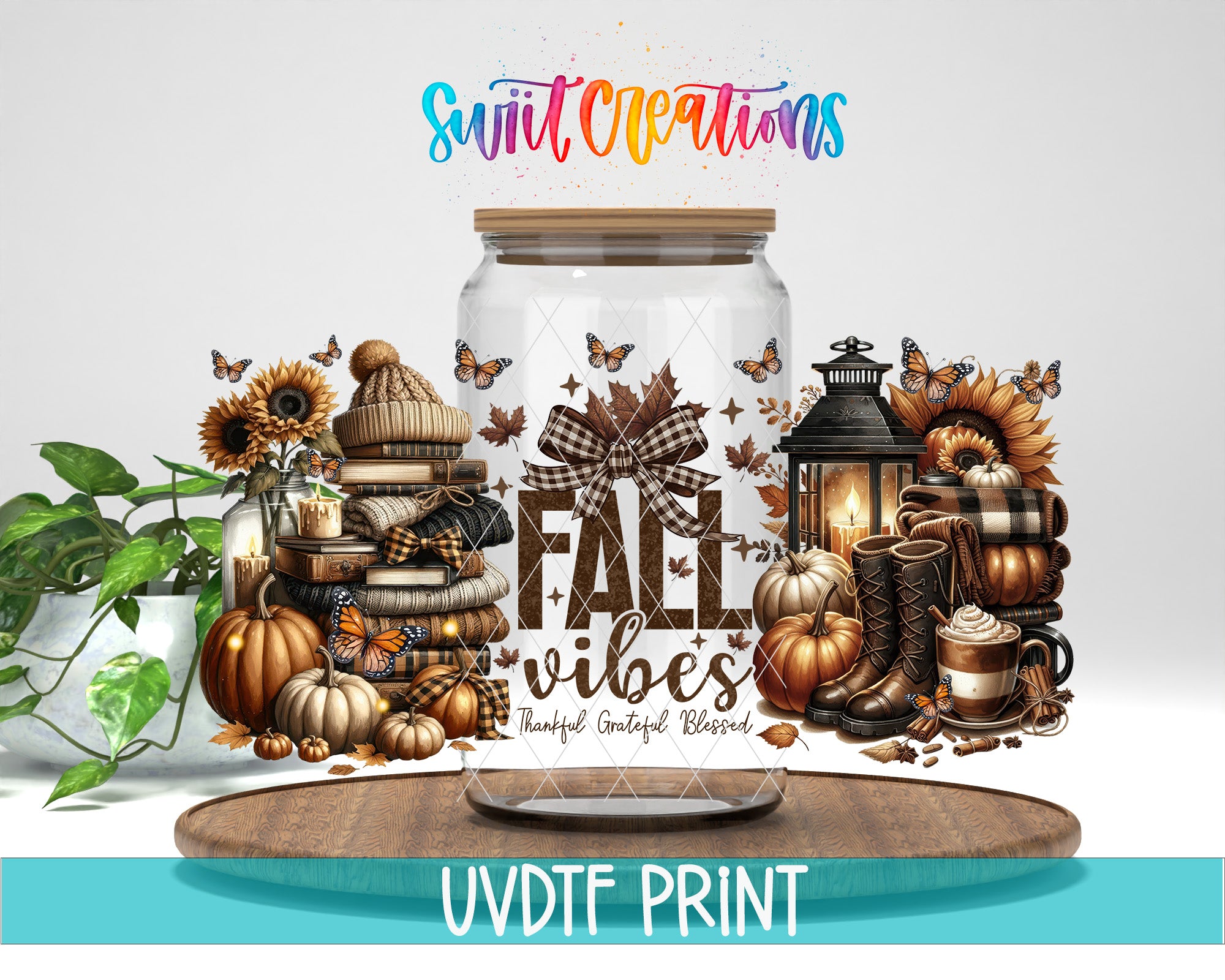 The image is a colorful and vibrant fall-themed collage featuring a glass jar filled with autumn-themed items such as pumpkins, sunflowers, and a lantern. The text "Fall Vibes" is prominently displayed on the jar, and the phrase "Swift Creations" is written above it. The collage is surrounded by various fall-themed objects, creating a festive and seasonal atmosphere.
