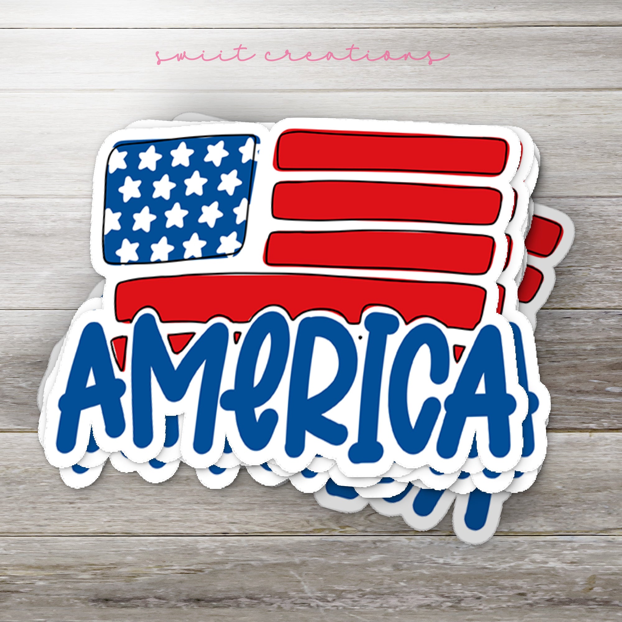 a sticker that says america with an american flag on it
