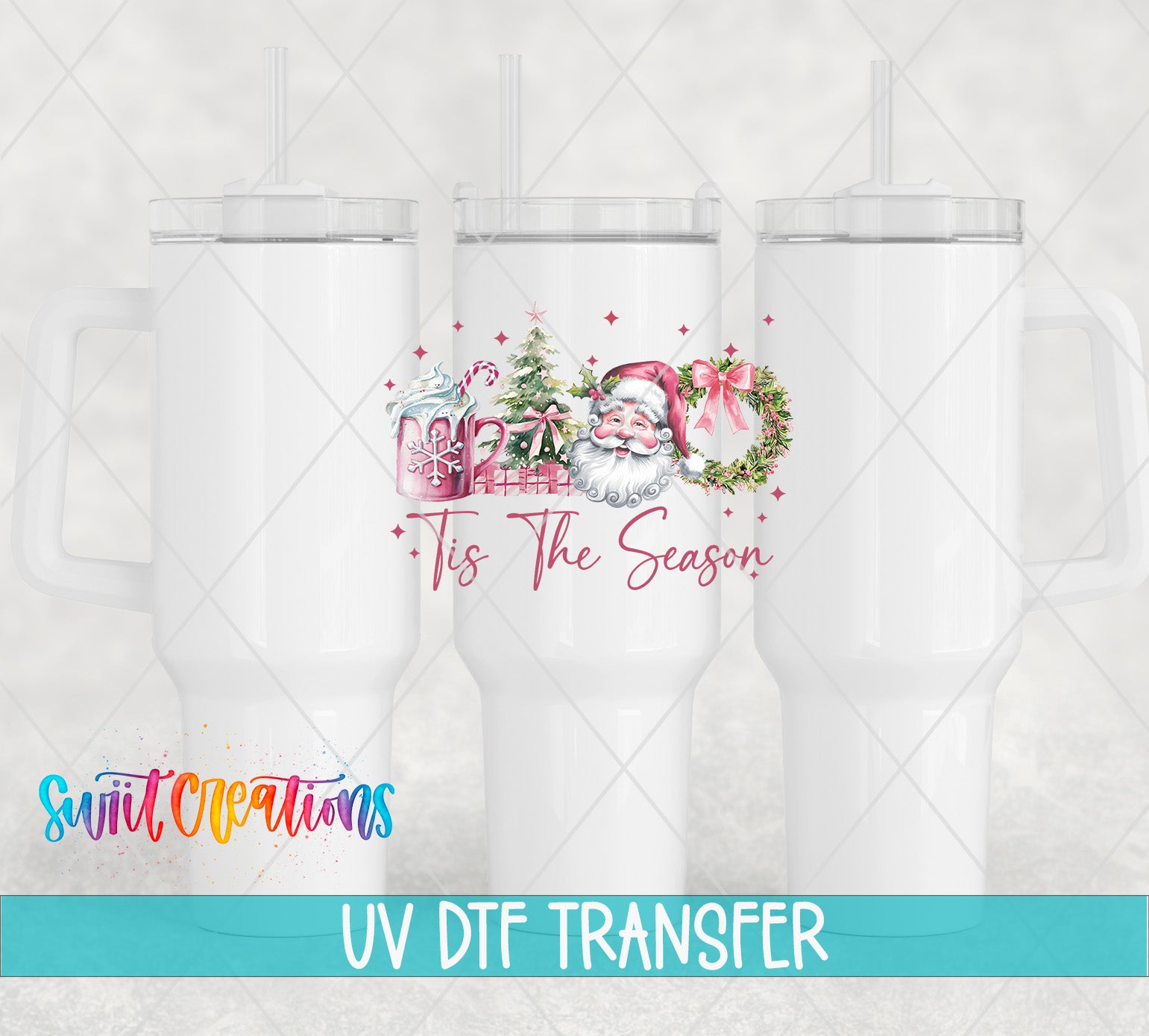 three white tumblers with a festive design and text, including a Santa Claus figure and the phrase "Tis the Season".