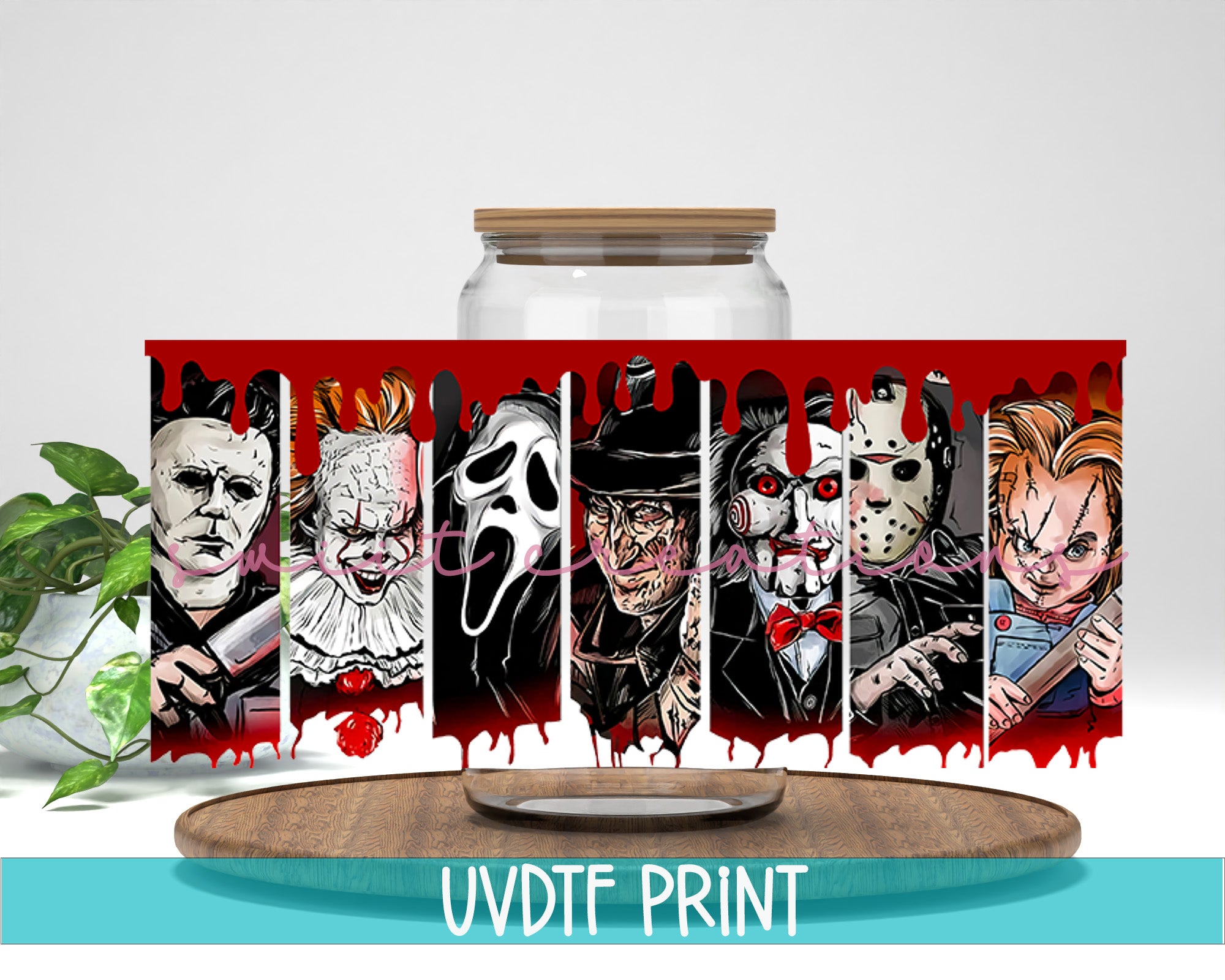 a group of halloween characters painted on a glass jar