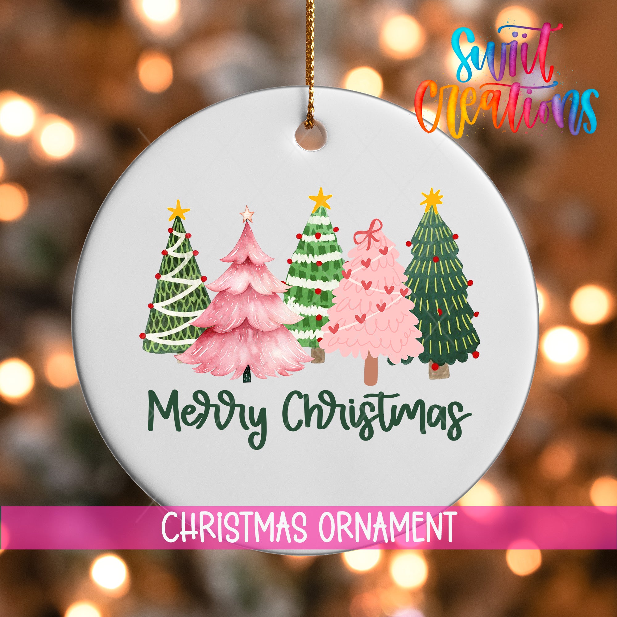 A white Christmas ornament with a festive design of four different colored Christmas trees, along with the text "Merry Christmas" and "Christmas Ornament" printed on it.