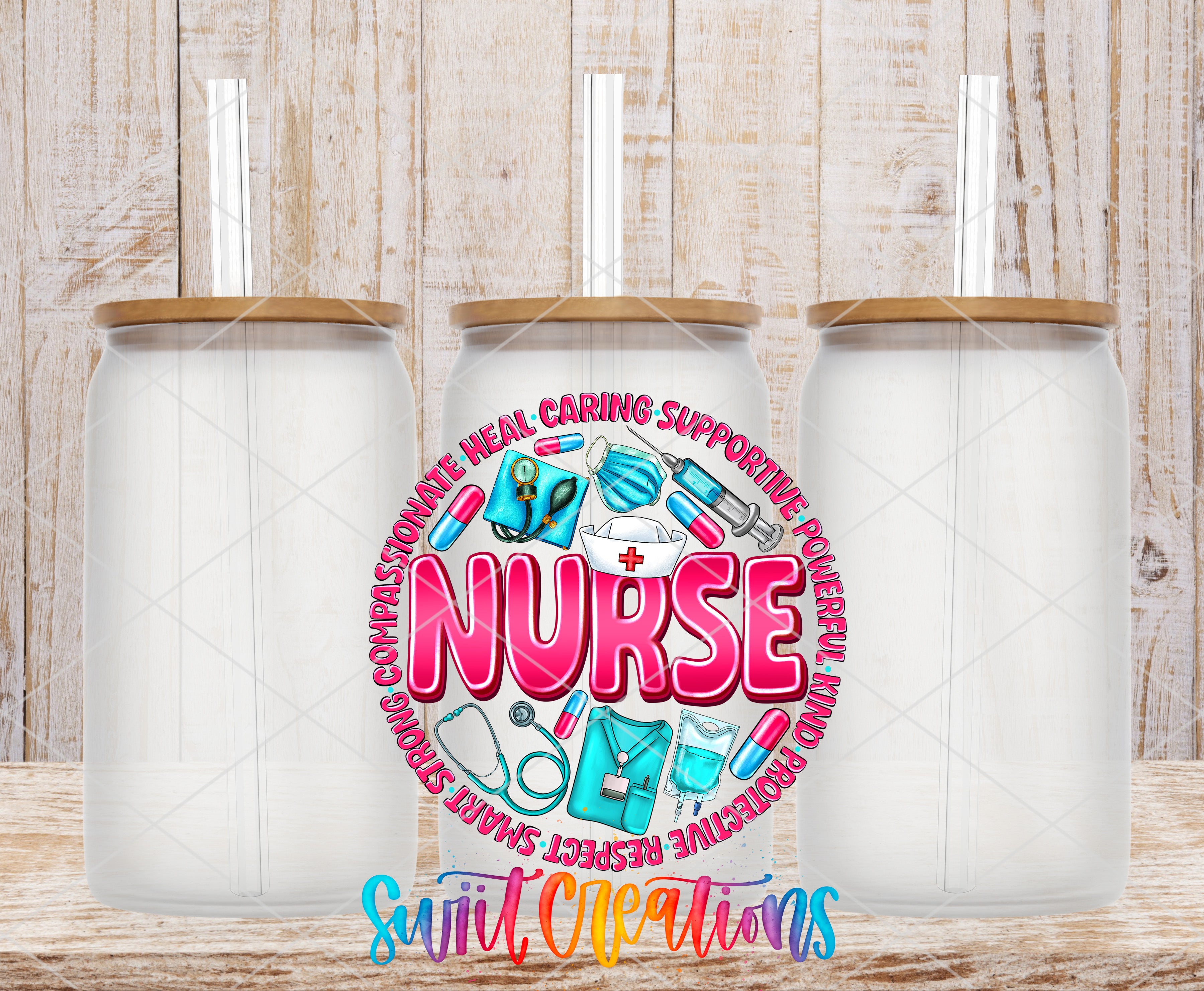 three white glass jars with lids, arranged in a row against a wooden background. The jars are empty, and there is a colorful design in the center that says "NURSE" surrounded by various medical and healthcare-related icons.
