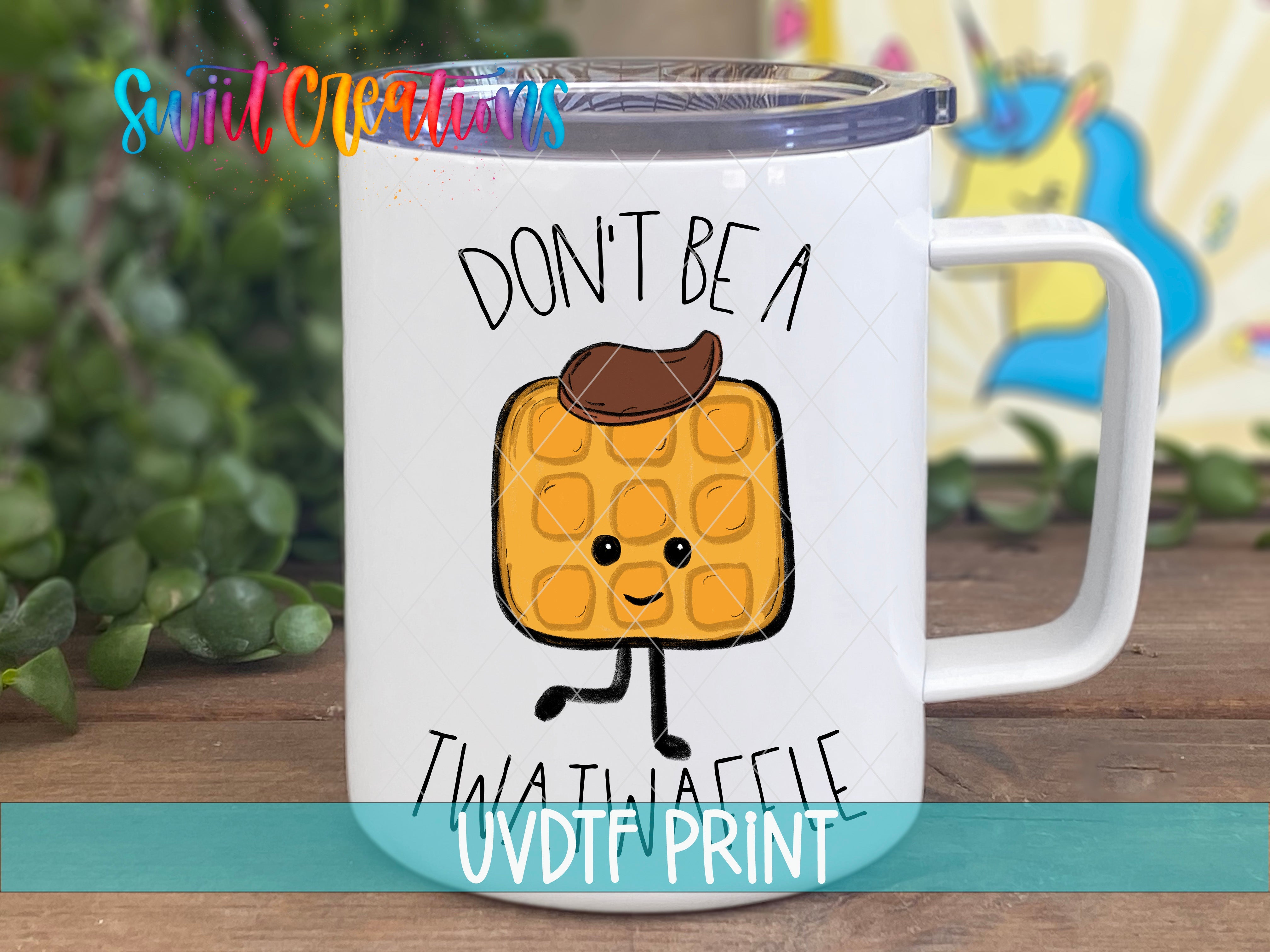 a coffee mug with a picture of a waffle on it